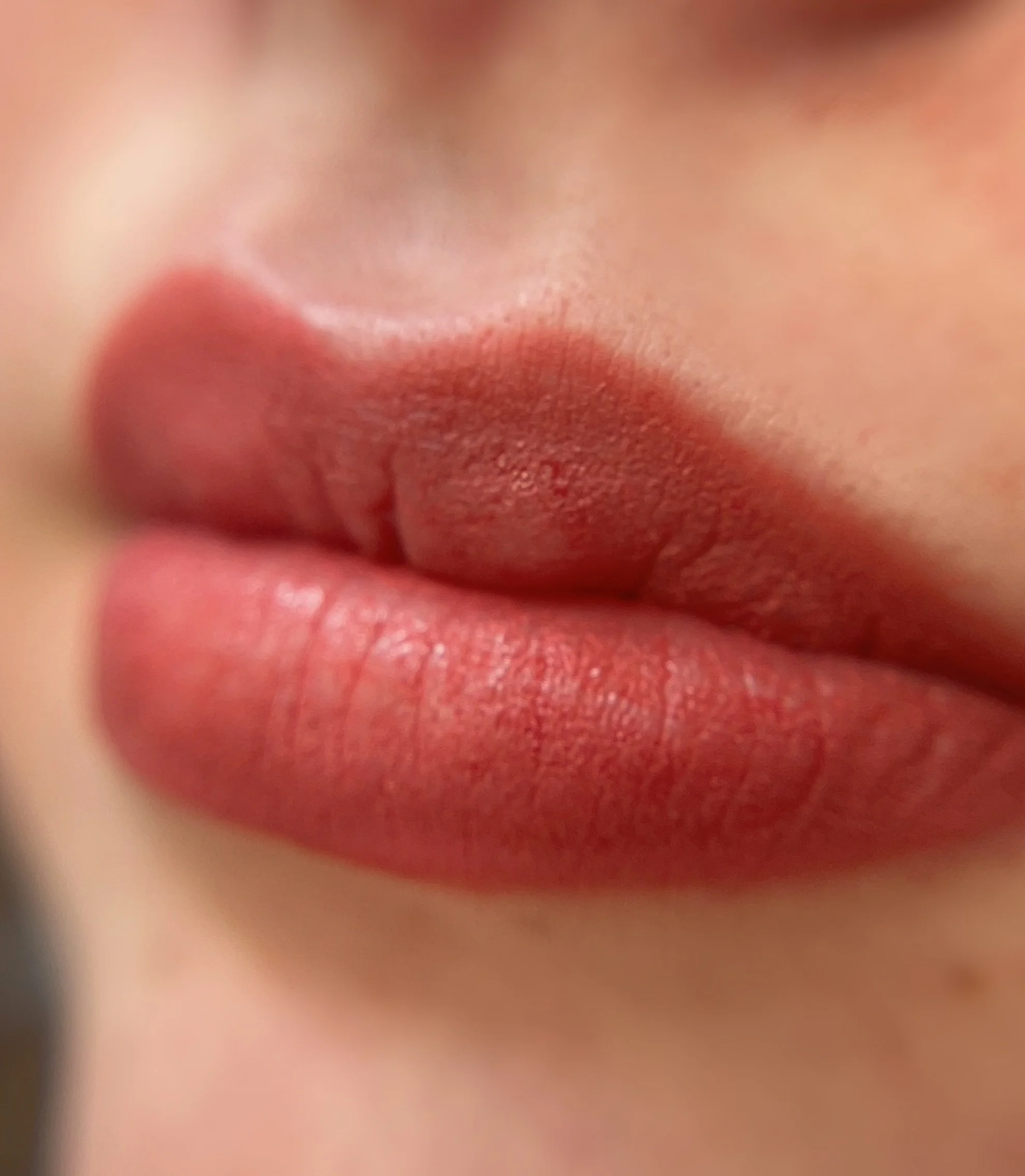 Close-up of a person's lips before and after applying lipstick. The top shows natural lips, and the bottom shows lips with pink lipstick.
