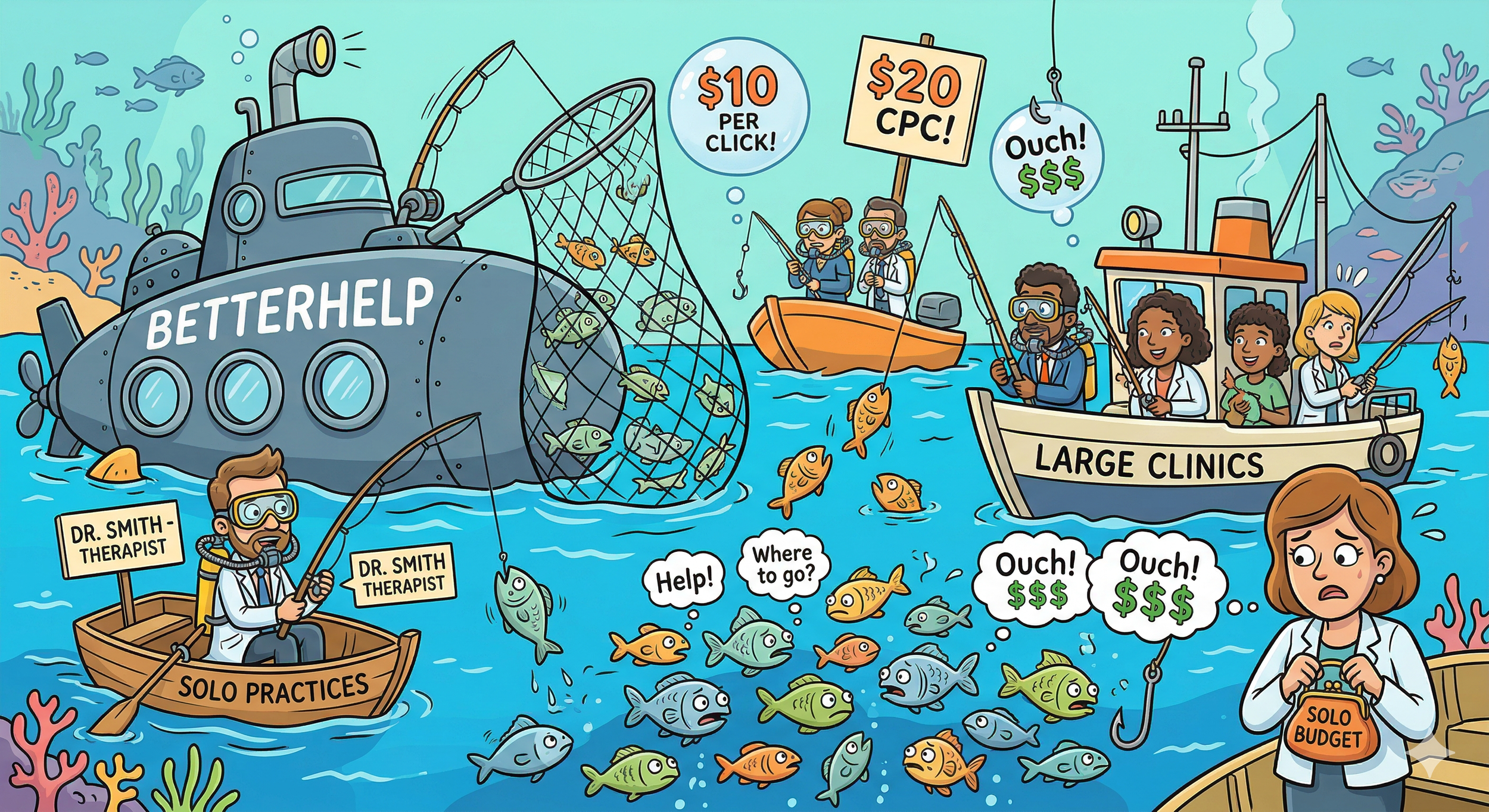 AI-generated image showing different types of therapy practices fishing in an ocean of high cost per clicks.