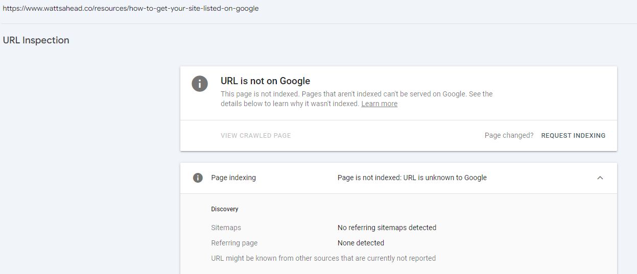 URL inspection page in Google Search Console
