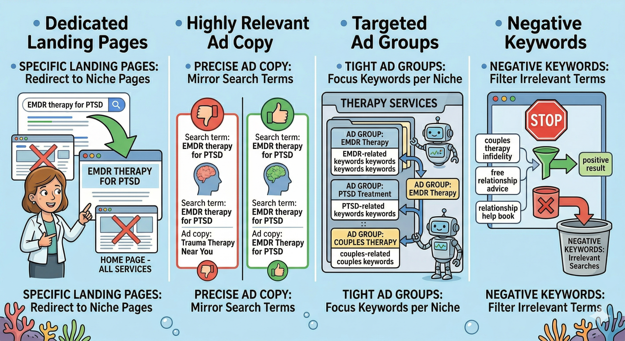 AI-generated cartoonish infographic showing therapists how to structure Google Ads campaigns.