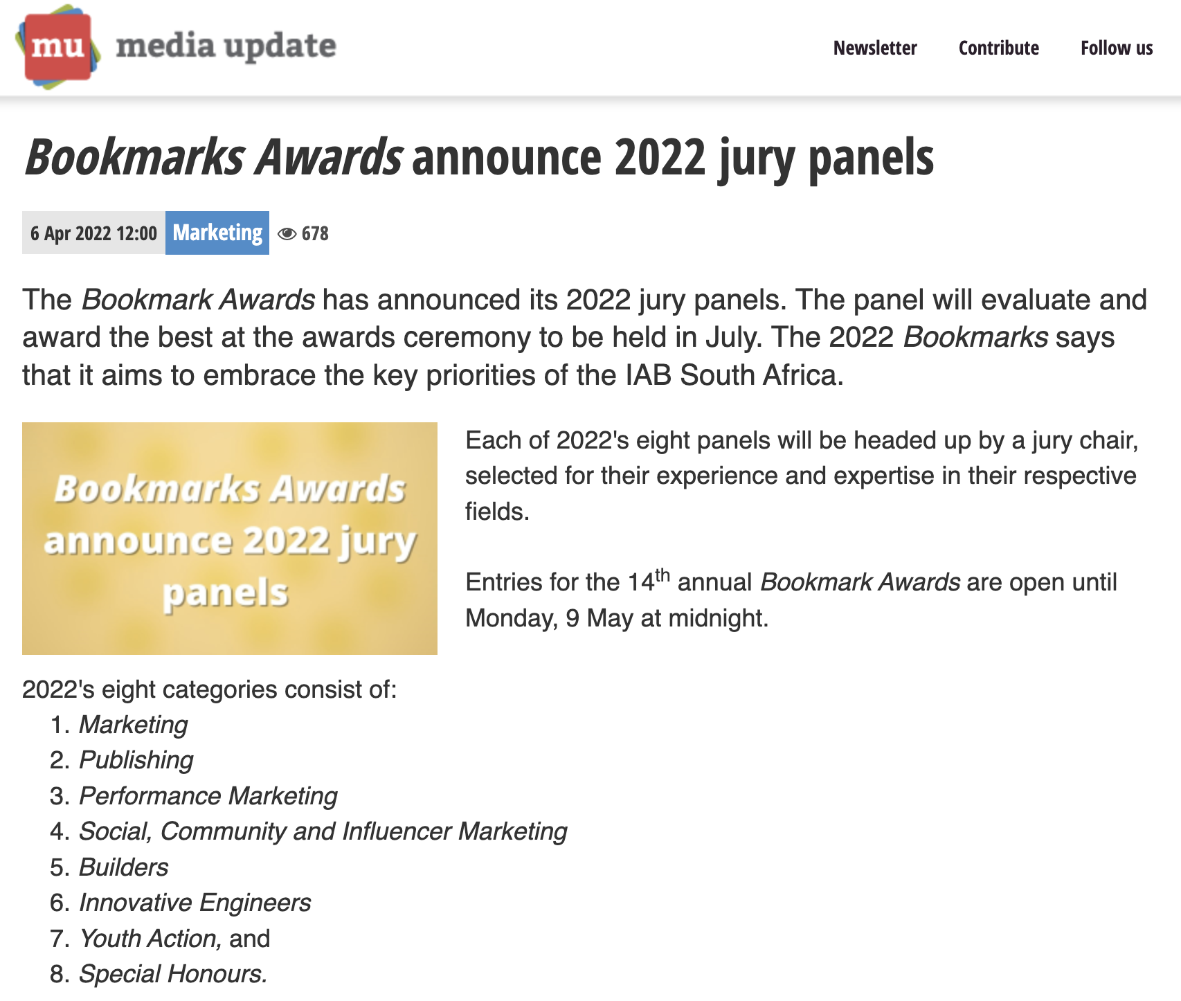 Bookmarks Awards announces 2022 jury panels