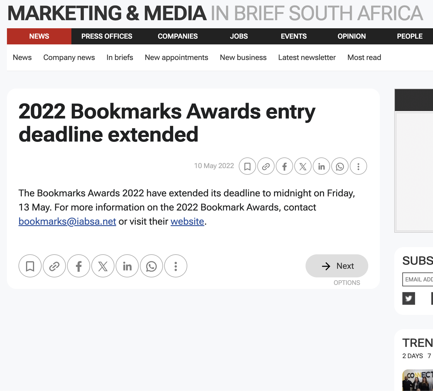 2022 Bookmarks Awards entry deadline extended