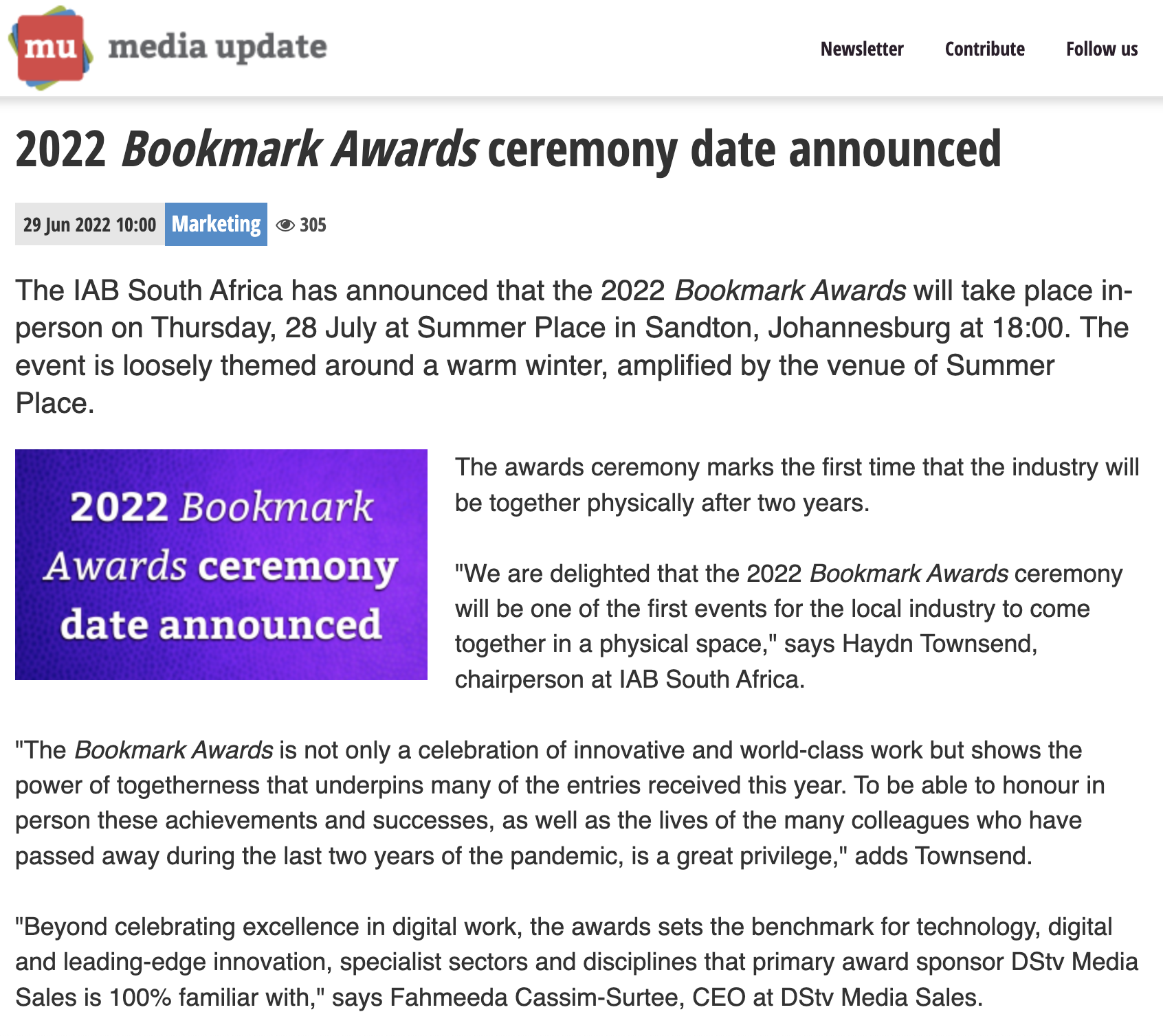 2022 Bookmark Awards ceremony date announced