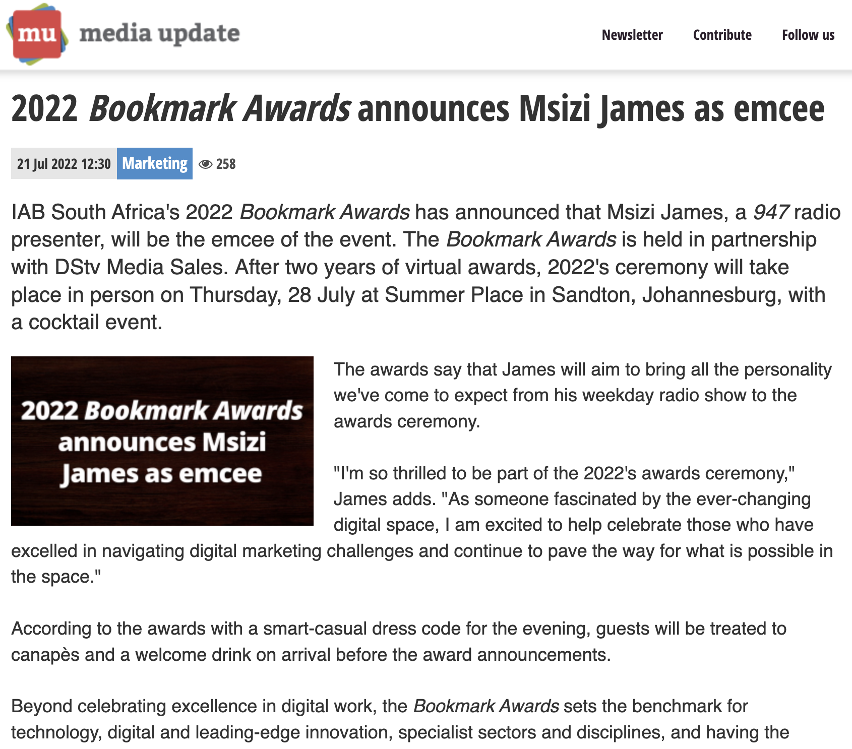 2022 Bookmark Awards announces Msizi James as emcee