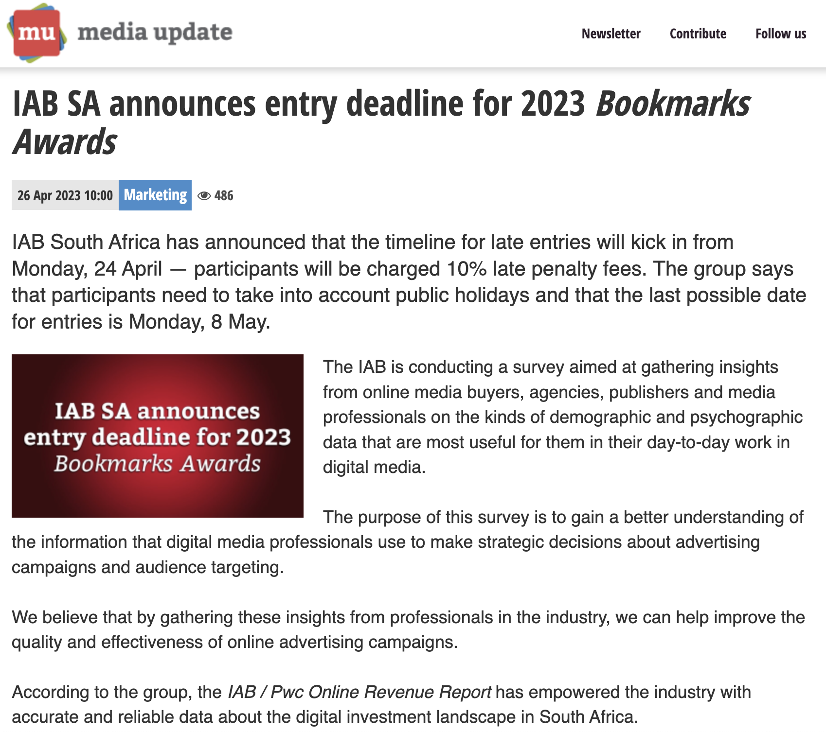 IAB SA announces entry deadline for 2023 Bookmarks Awards