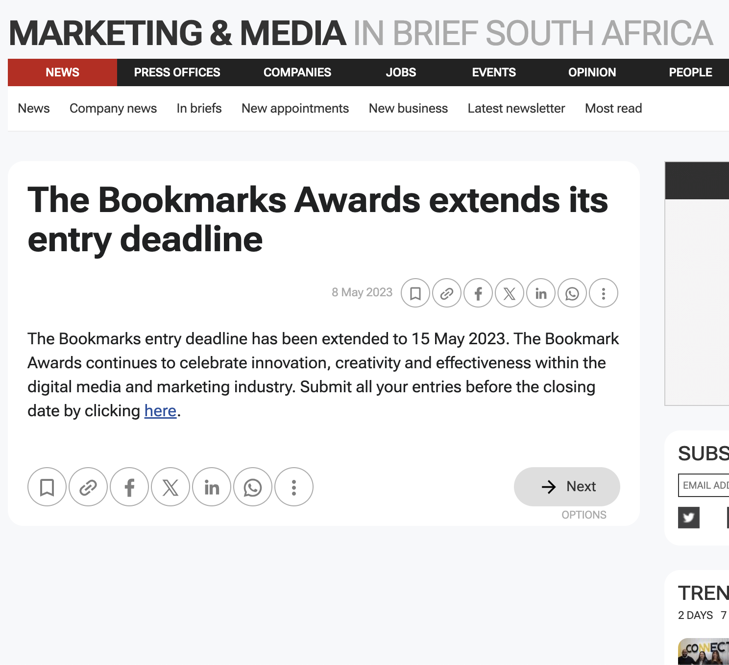 The Bookmarks Awards extends its entry deadline
