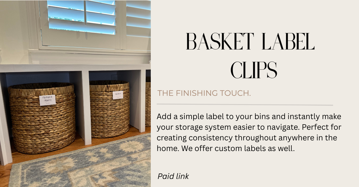 Home organization, baskets, bench seat, closet