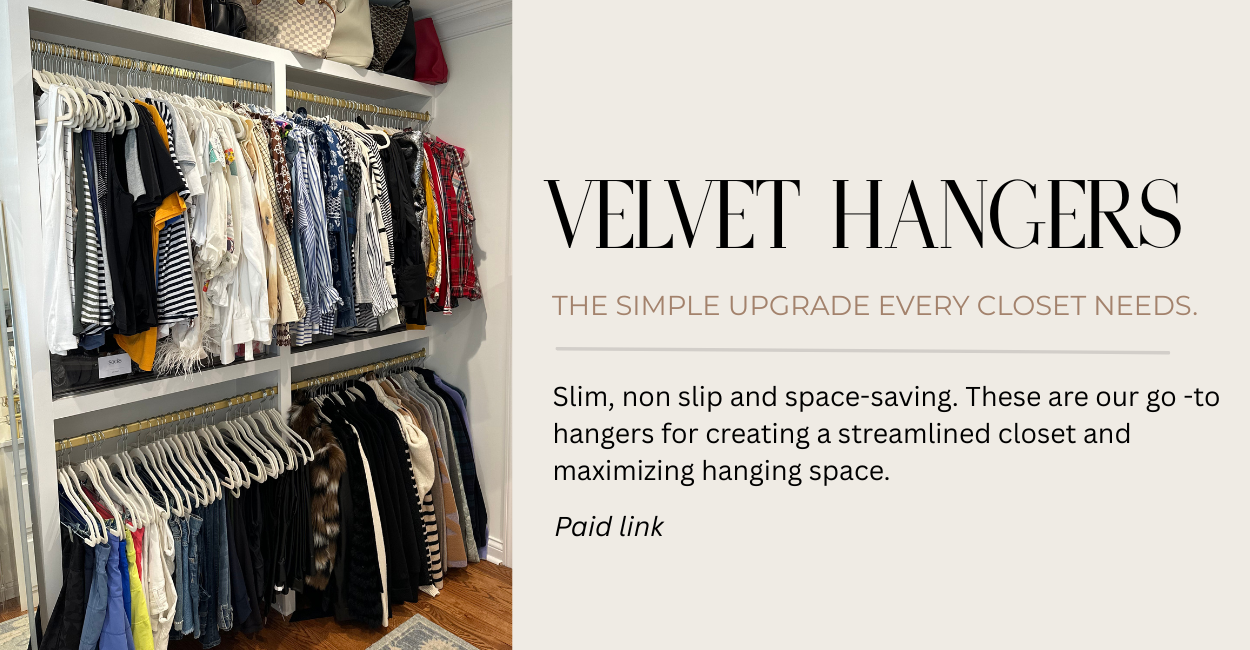 Clothing organized with velvet hangers, closet, handbags, clothes