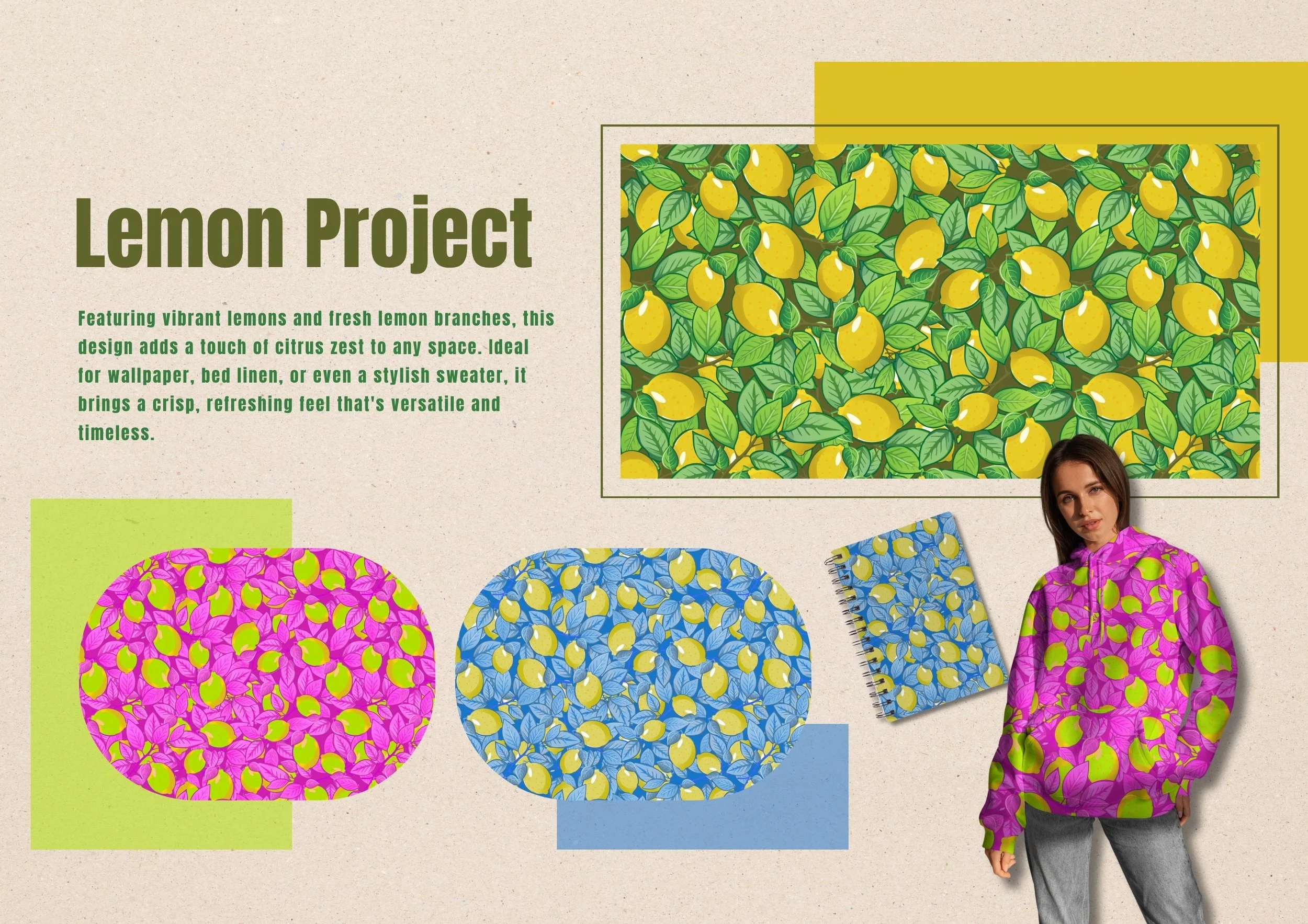 A promotional poster for the Lemon Project featuring vibrant lemon and leaf patterns. The poster includes a description of the project, images of fabric patterns with lemons, and a model wearing a lemon-patterned jacket. The background is beige, with green, pink, and blue accents, and a textured look.