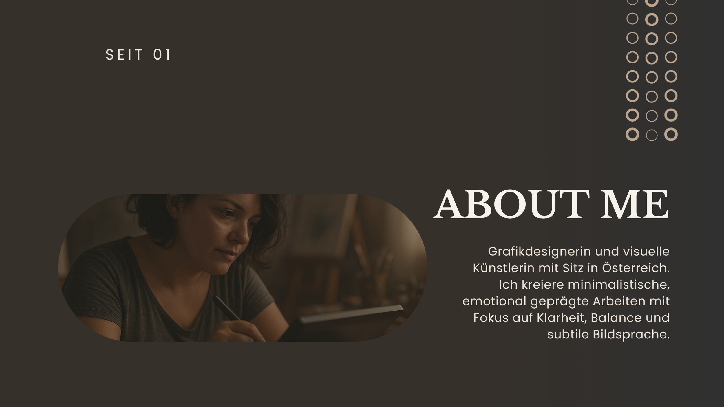 A woman with dark hair writing with a pen on a tablet or notebook, in a cozy indoor setting, with text overlay about her work as a graphic designer in Austria.