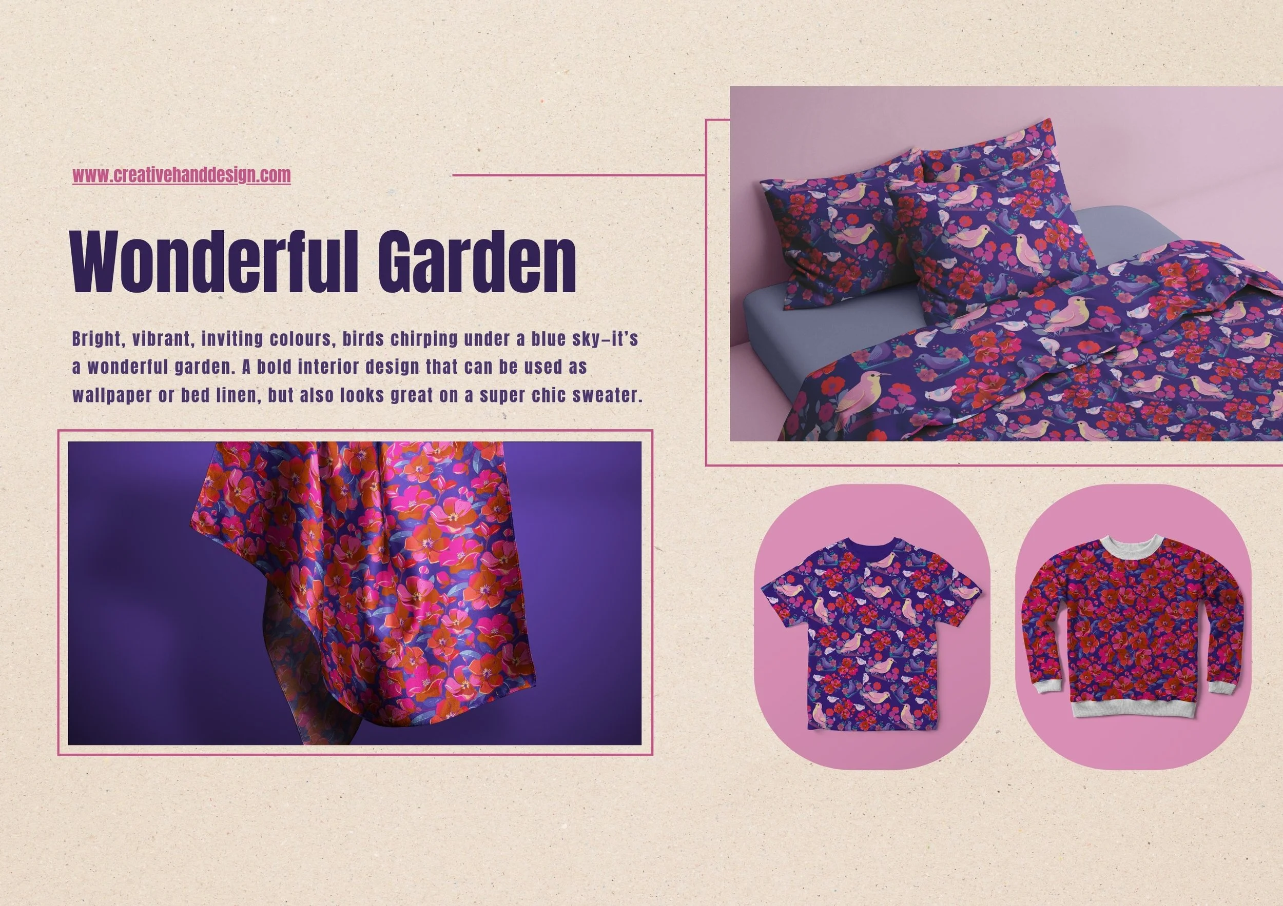 Advertisement for a vibrant garden-themed fabric pattern, featuring a bed with matching pillowcases, a close-up of a fabric dress, and a sweatshirt, all with colorful bird and flower designs.