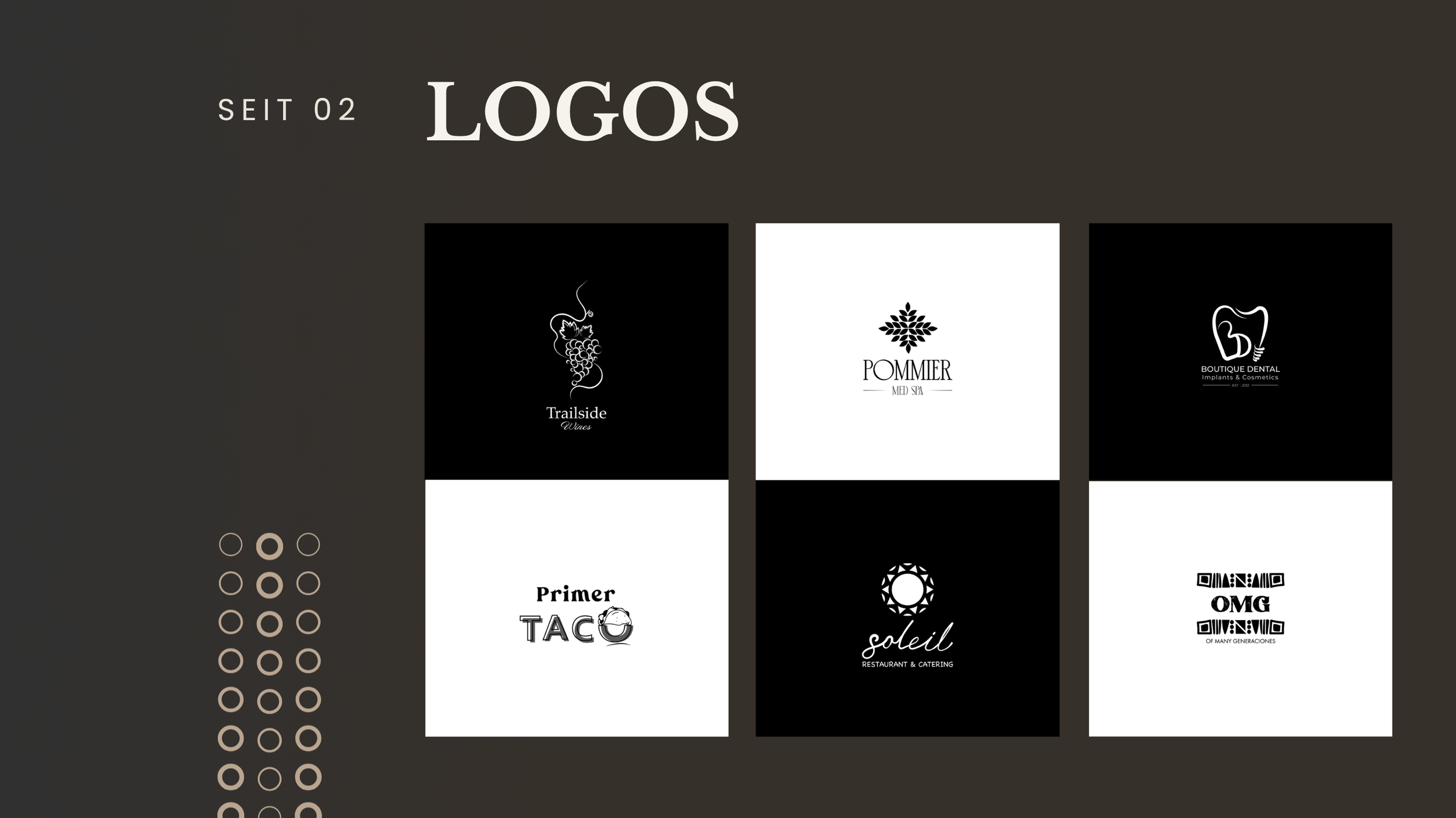 Digital display showcasing various logo designs, including wine, spa, dental, taco, and restaurant logos, arranged in a grid with navigation dots below.