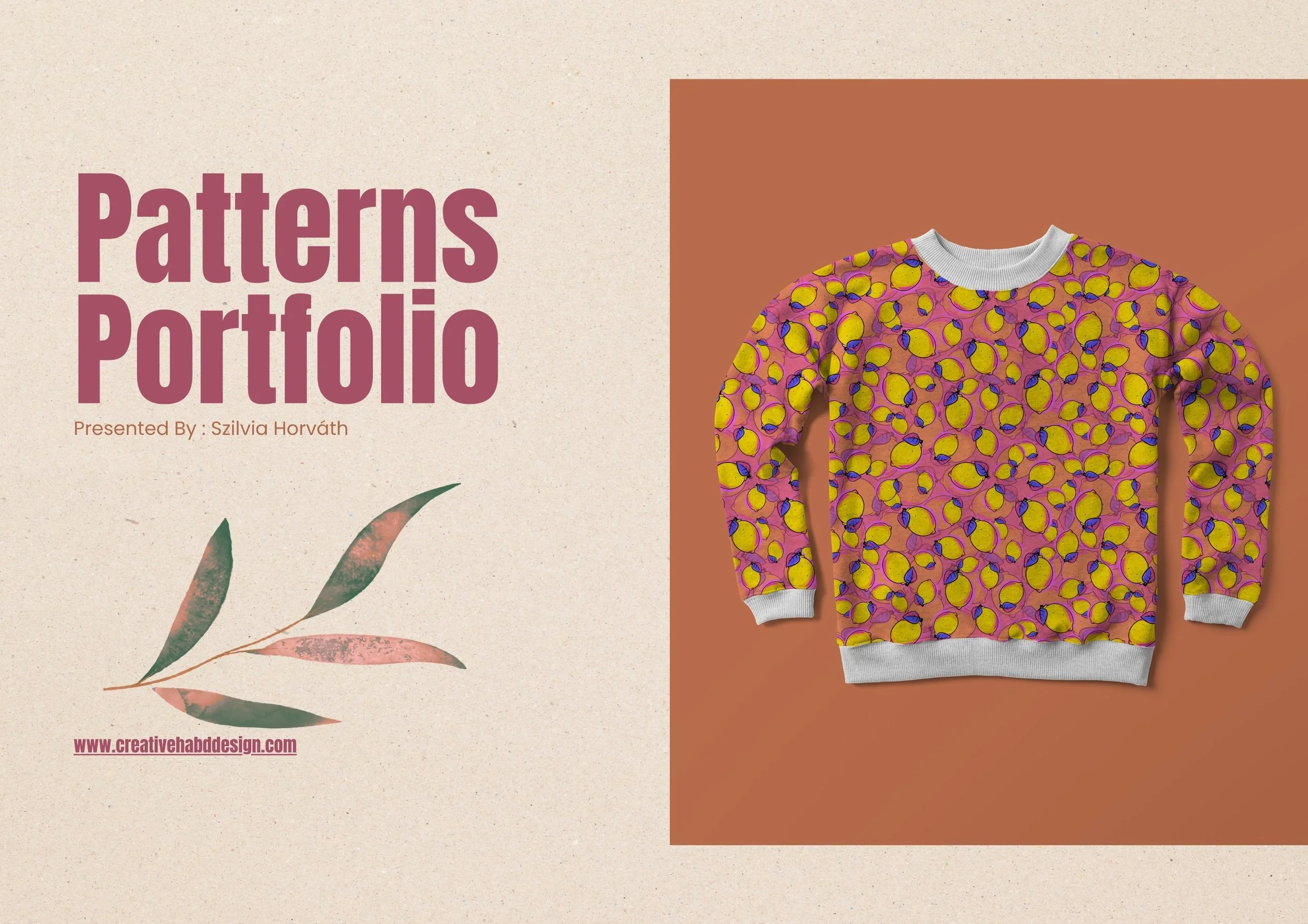 A presentation slide titled "Patterns Portfolio" by Szilvia Horvàth with a leafy branch illustration, and a printed sweatshirt with a yellow lemon and purple pattern on a two-tone background.
