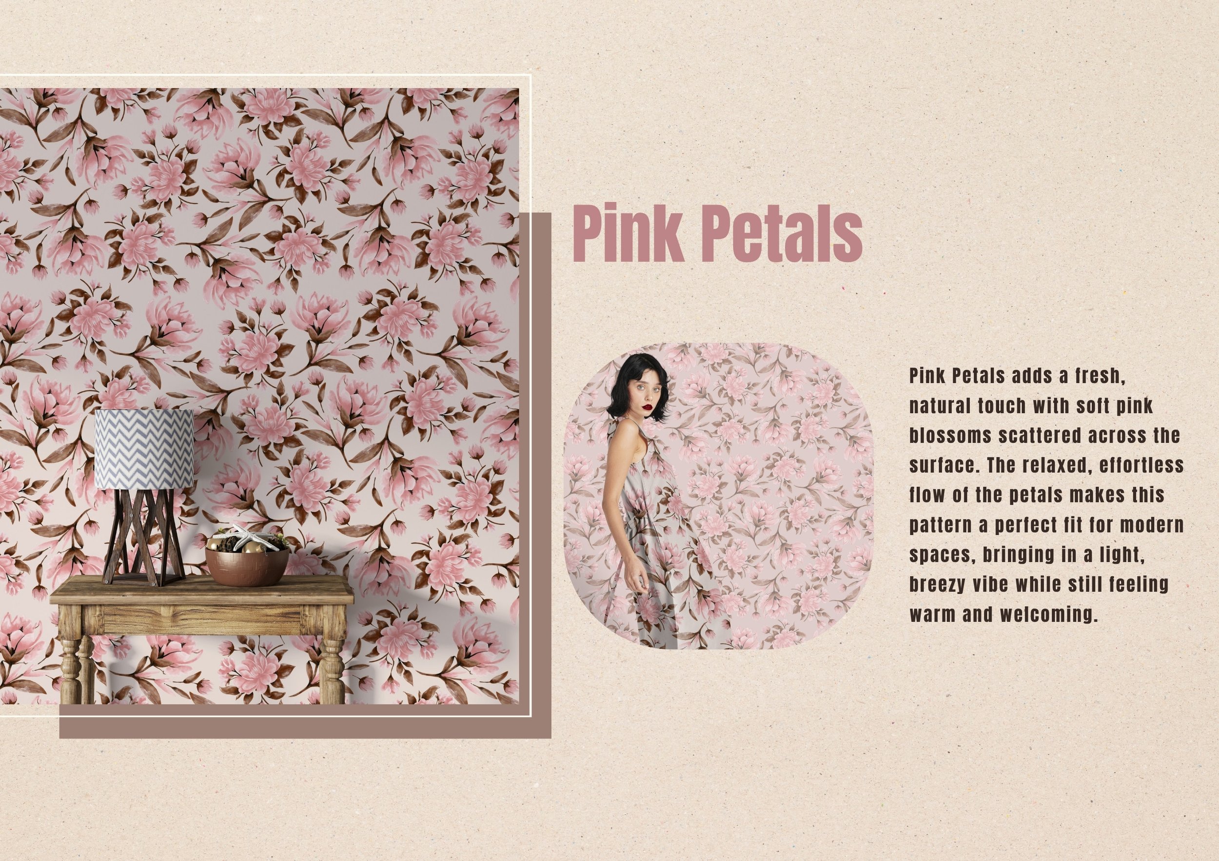 Photo of a wall with a pink petal floral wallpaper pattern. There is a small wooden table with a bowl of miscellaneous items and a table lamp with a zigzag pattern shade.