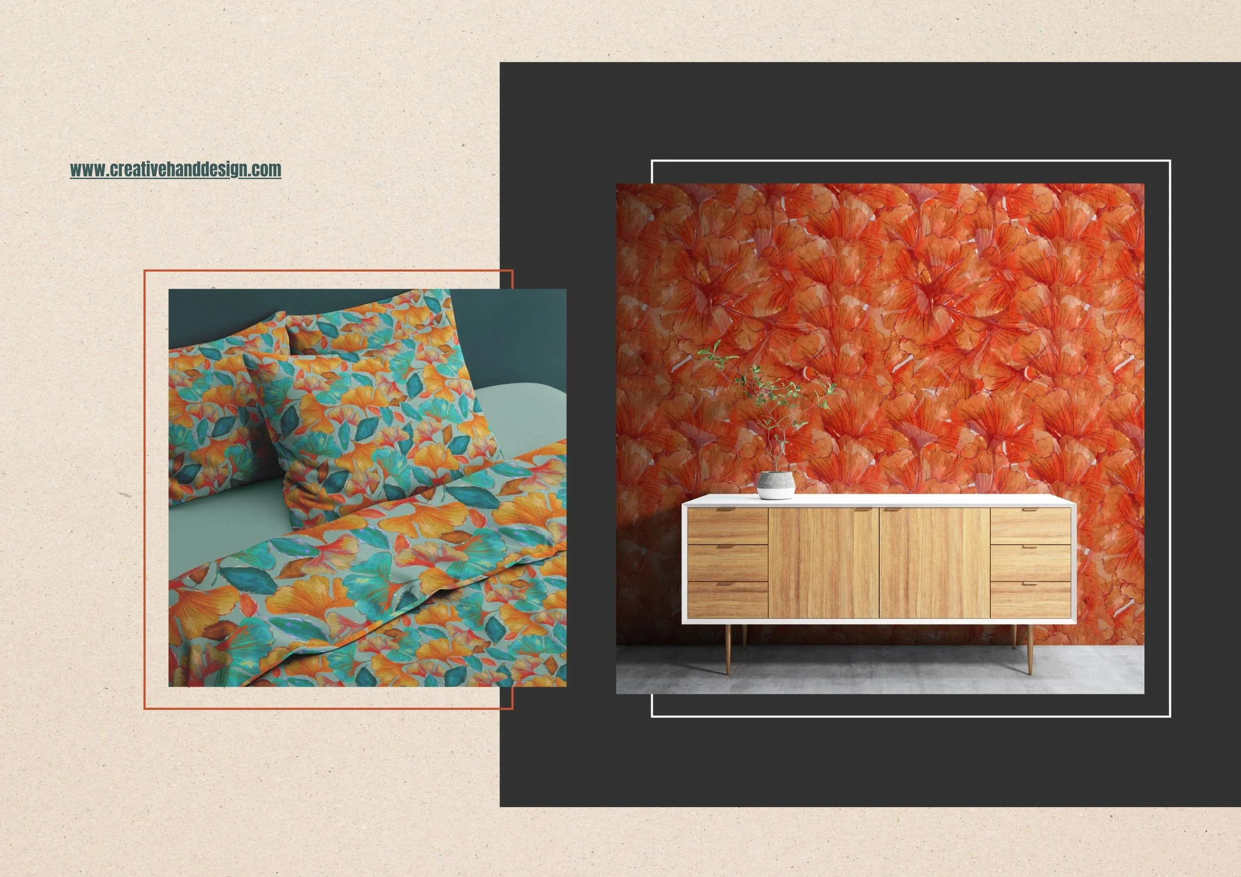 Decorative interior design image featuring a bedroom with bedding and pillows in an orange, blue, and green floral pattern on the left, and a modern wood sideboard against a red-orange floral wallpaper on the right.