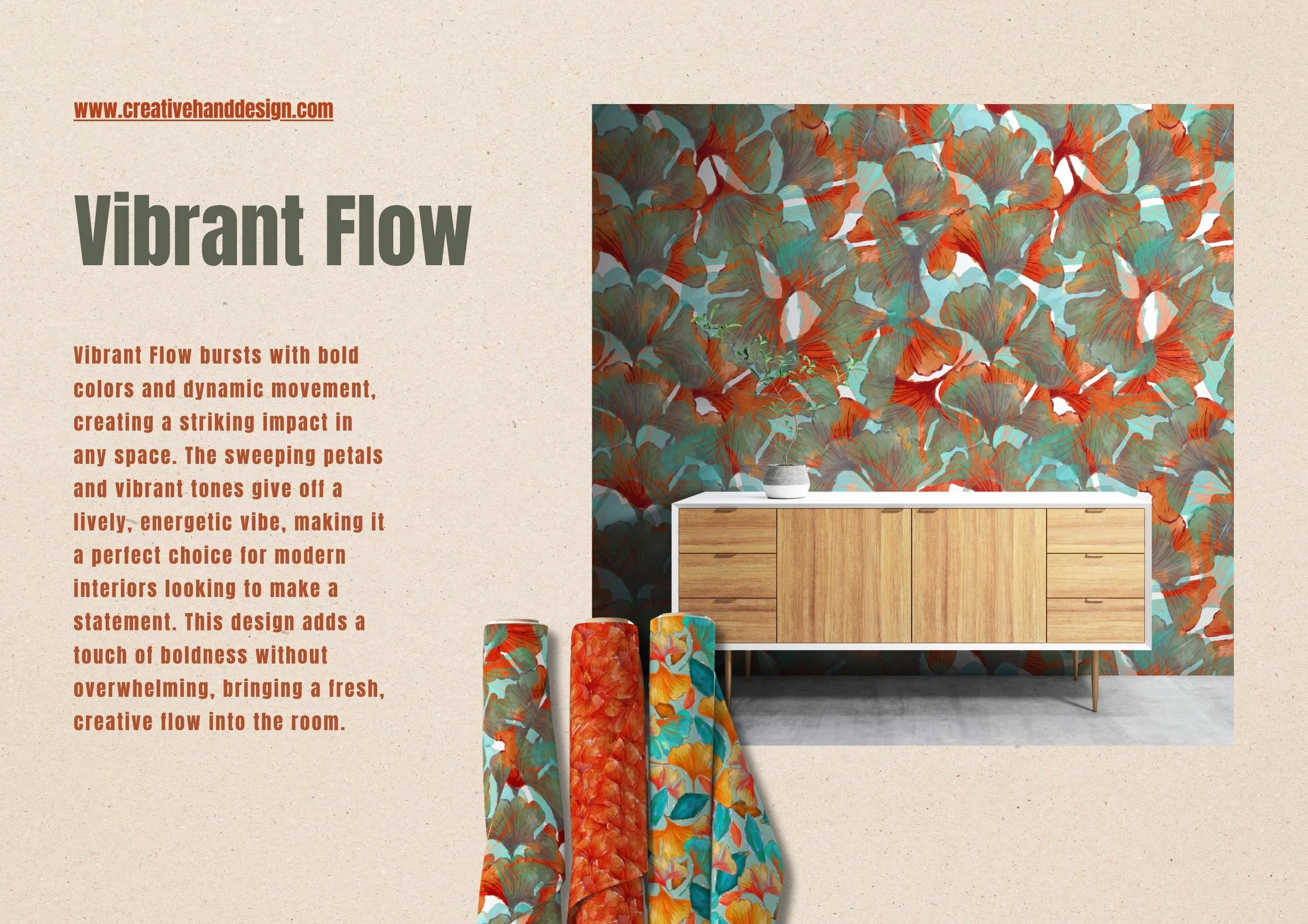 Decorative interior design display featuring bold, colorful wallpaper with abstract floral pattern behind a wooden sideboard with minimalist design, with three rolled fabric samples showcasing similar vibrant patterns and colors on the left.