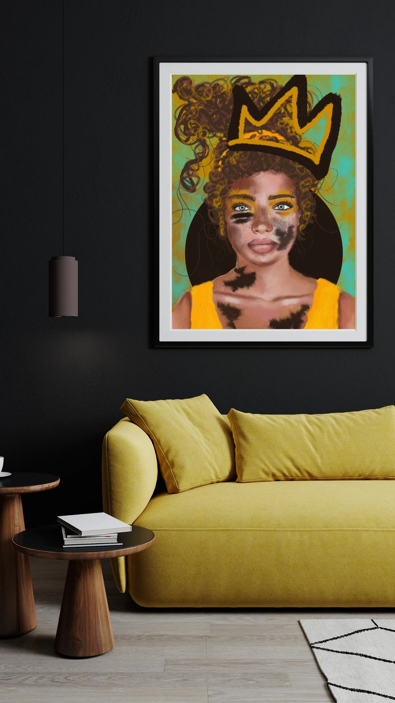 Art print of a woman with curly hair, gold eye makeup, and a black smear on her face and chest, with a yellow crown graphic above her head, hanging on a dark wall.