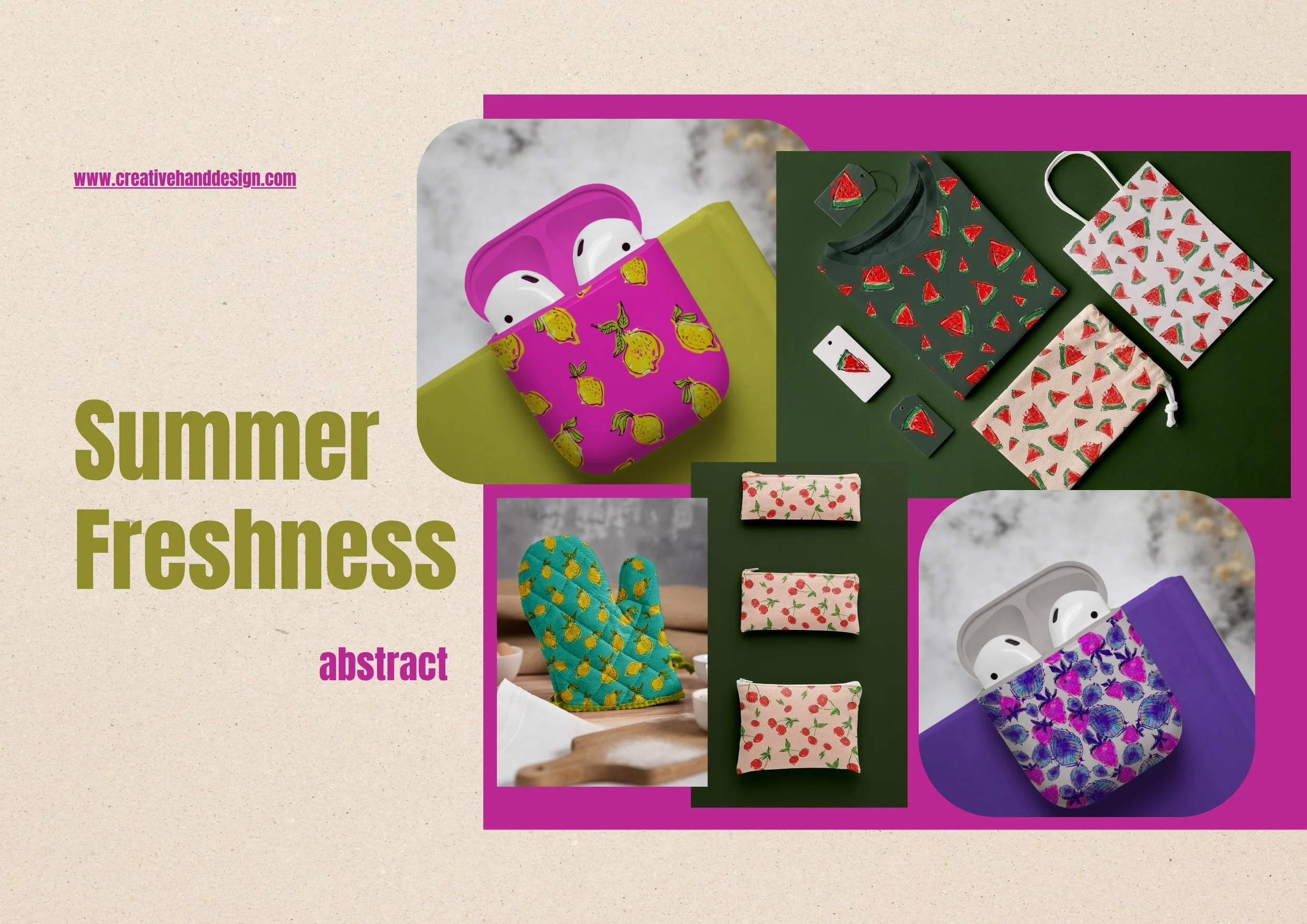 Collage of summer-themed items including patterned AirPods cases, reusable bags with watermelon and cherry prints, oven mitt with lemon pattern, and three fabric face masks with berry and lemon patterns.
