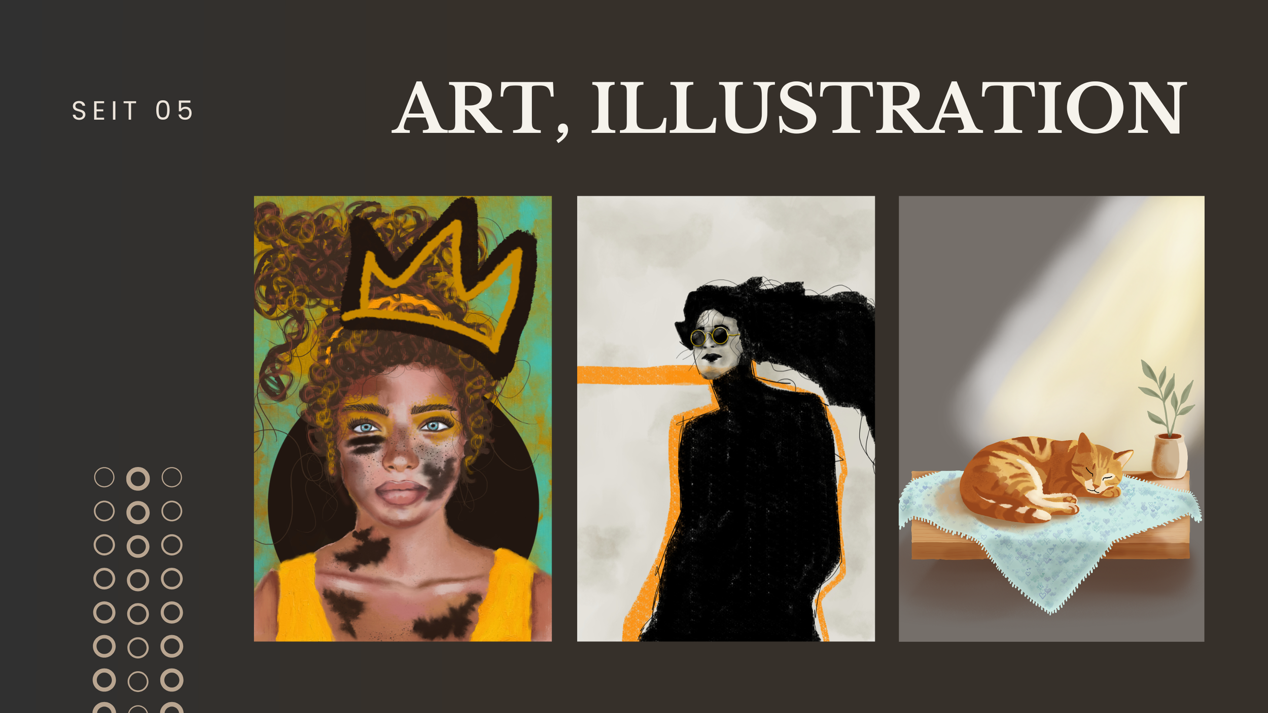 A collage of three art illustrations: a girl with curly hair and crown, a woman with black hair and sunglasses, a sleeping orange tabby cat on a table with a small plant in a pot.