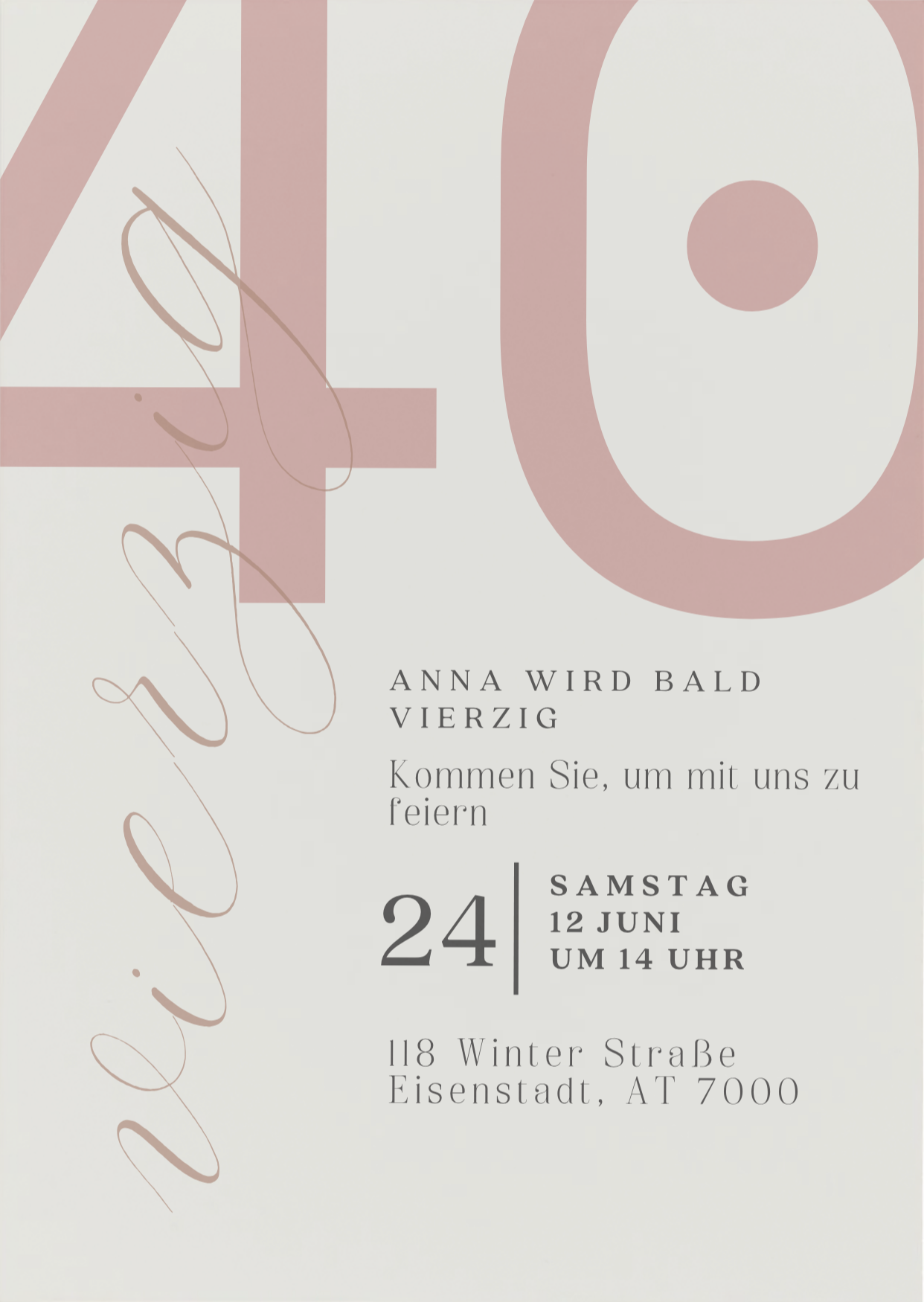 An invitation card celebrating a 40th birthday, with large pink numeral '40', handwritten style 'birthday' on the left, and event details in smaller text, including date, time, and address in Eisenstadt, Austria.