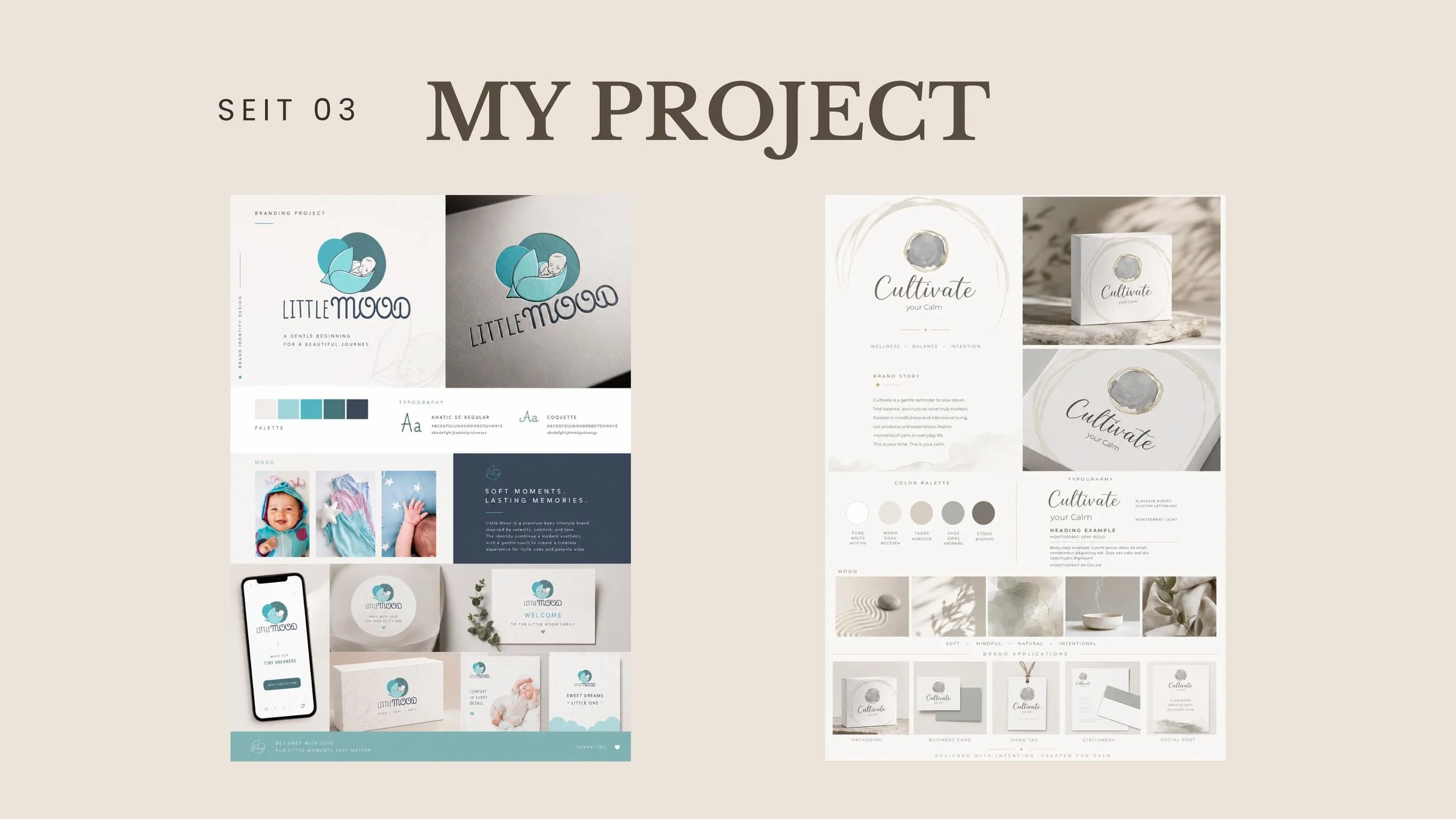 A digital collage of various branding, food menu, and advertisement designs, including a logo for Little Mood, a stack of black menus with gold cutlery, and a printed menu in German, with layout sketches and branding materials.