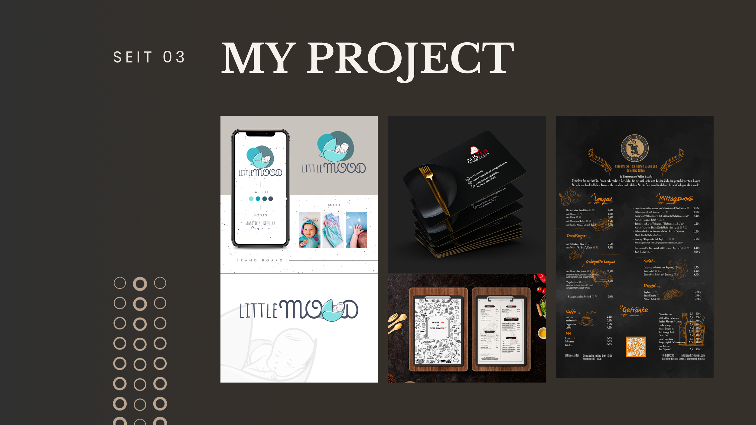 A digital collage of various branding, food menu, and advertisement designs, including a logo for Little Mood, a stack of black menus with gold cutlery, and a printed menu in German, with layout sketches and branding materials.