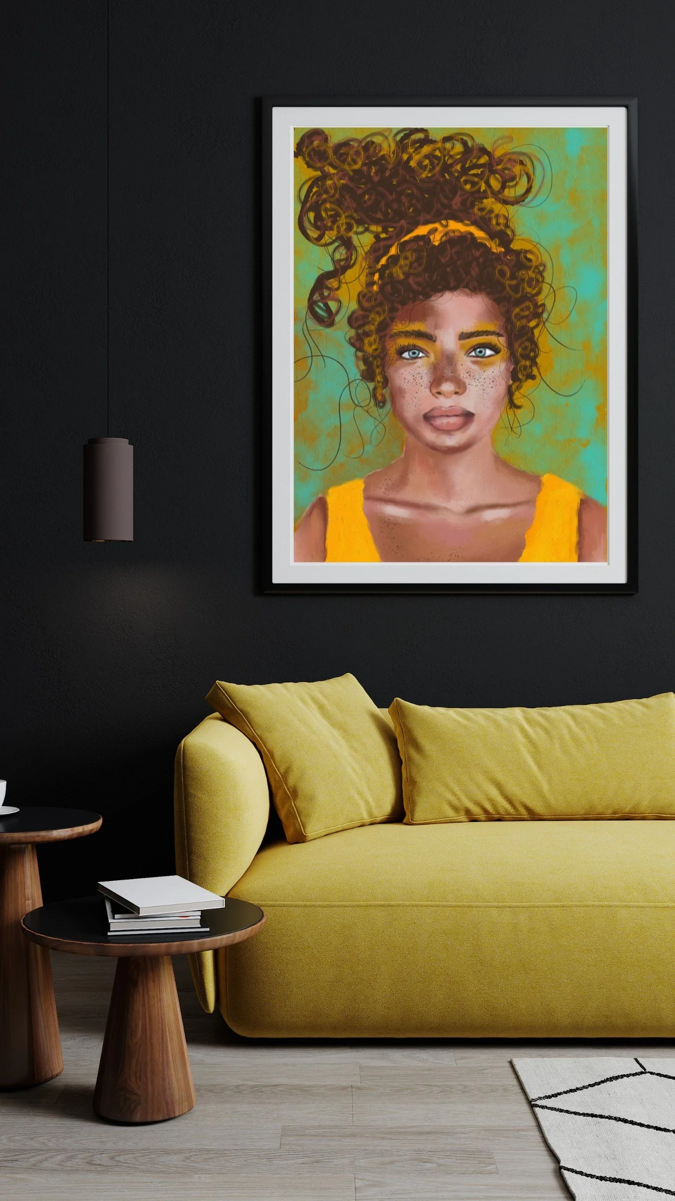 A modern living room with a yellow sofa and two wooden side tables. A framed colorful portrait of a woman with curly hair and blue eyes hangs on the dark wall behind the sofa.