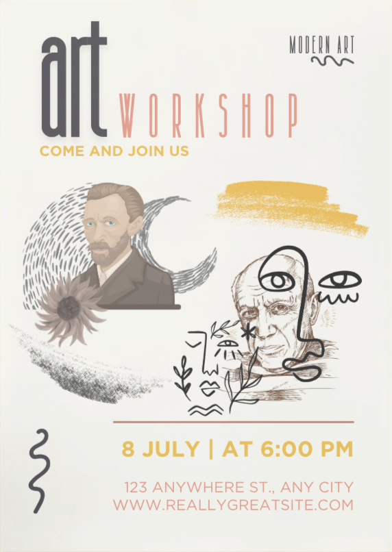Poster for a modern art workshop on July 8th at 6:00 PM, featuring artwork illustrations and event details, with a call to join and a website link.