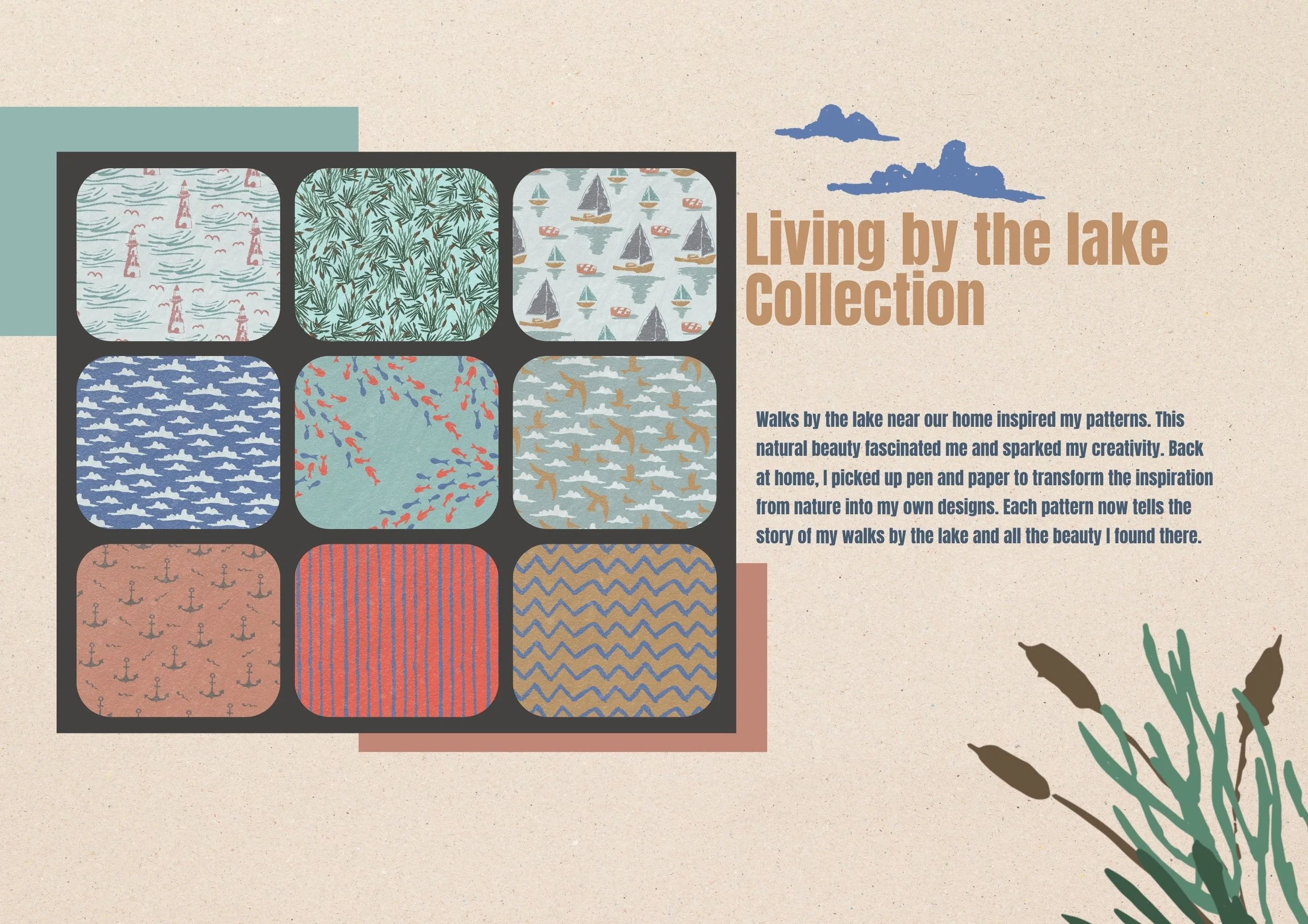 A collage of nine fabric patterns inspired by summer scenes, including floral, leaf, stripe, and star motifs, with a text overlay mentioning a summer collection and a bee illustration.