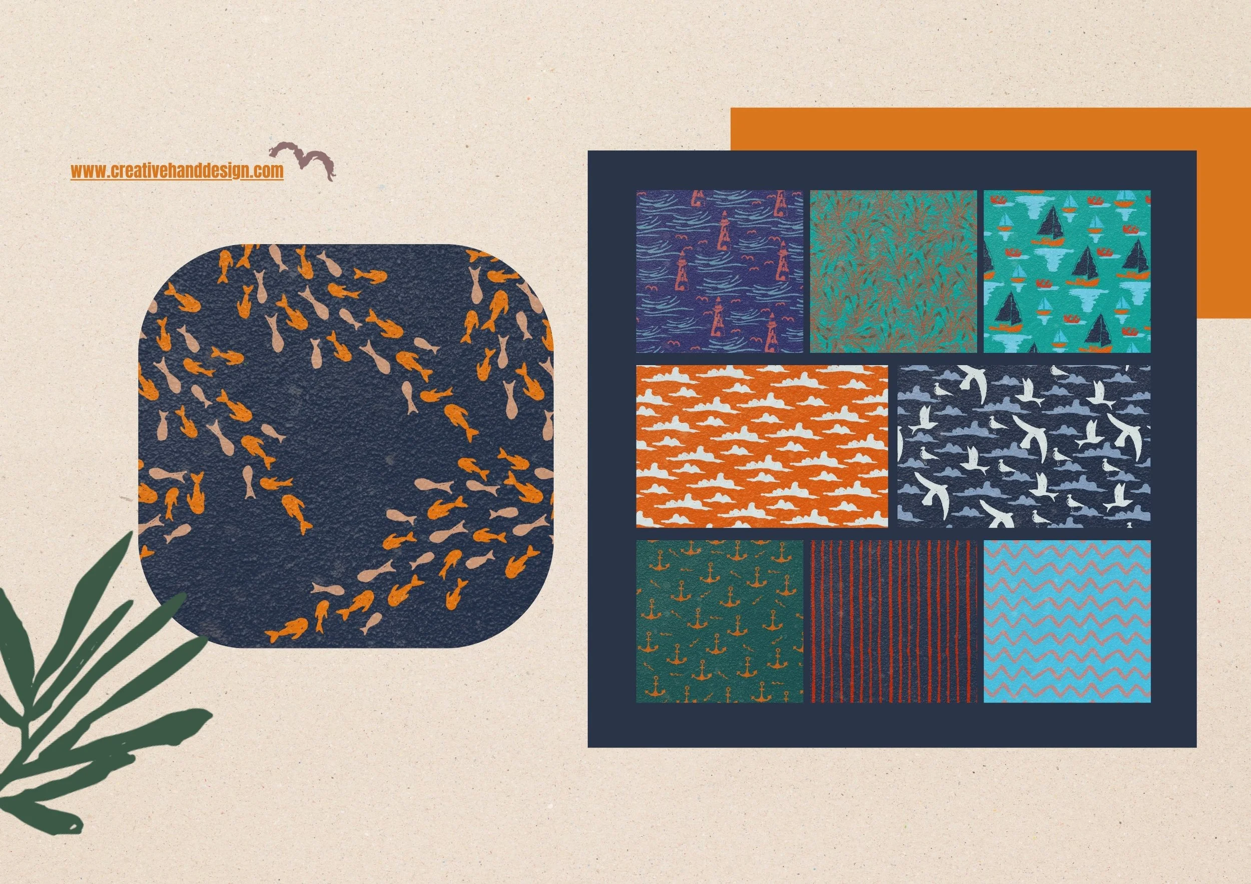 The image displays a website banner for a summer night collection, featuring various fabric patterns with floral, leaf, star, stripe, and plaid designs in shades of blue, white, and gray.