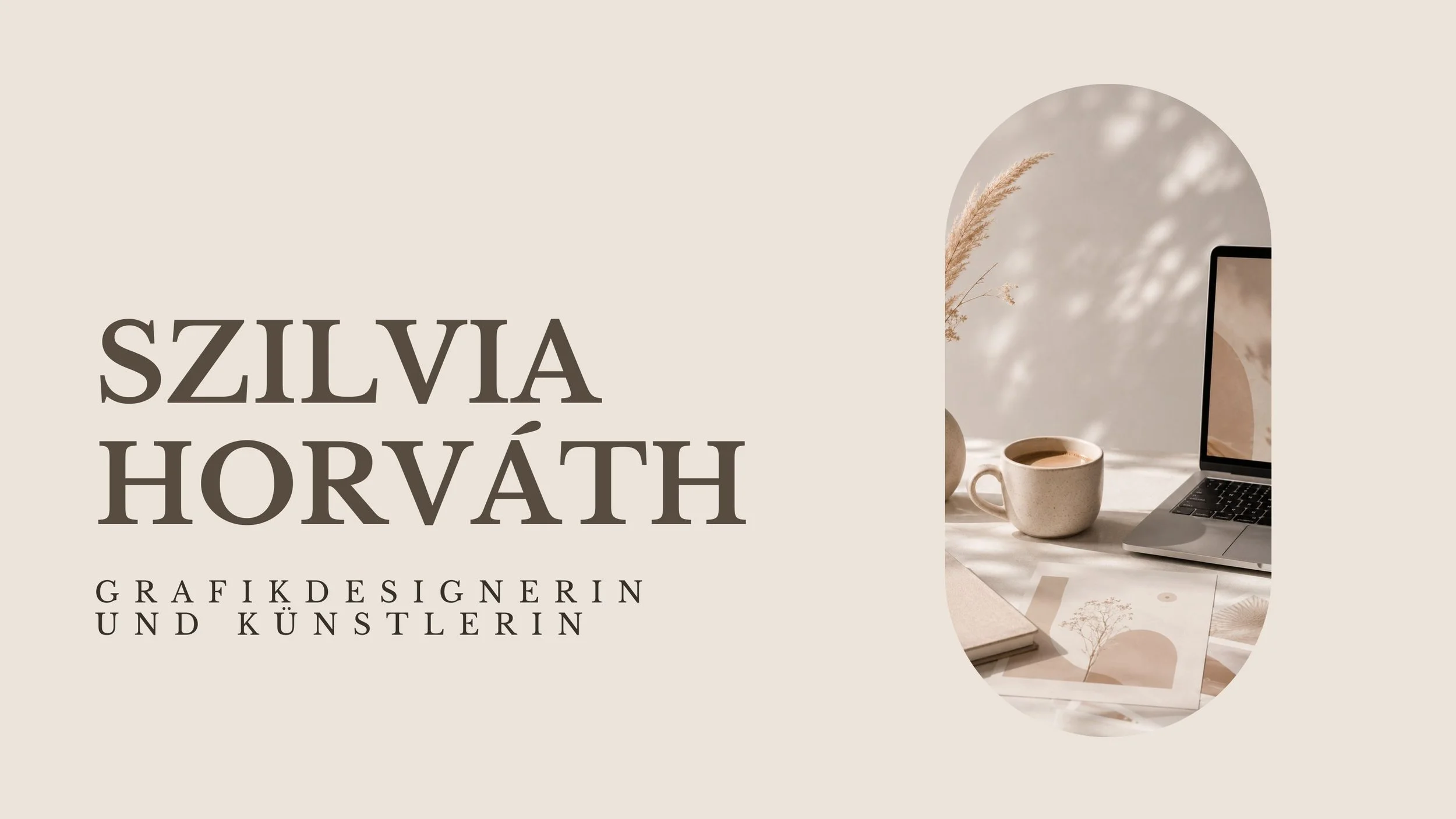 Black and white promotional graphic featuring a smiling woman with curly hair, wearing a black shirt and a wristwatch, leaning on a table. The text includes the name 'Szilvia Horvath', 'Grafikdesignerin und Künstlerin', and a series of decorative circle patterns.