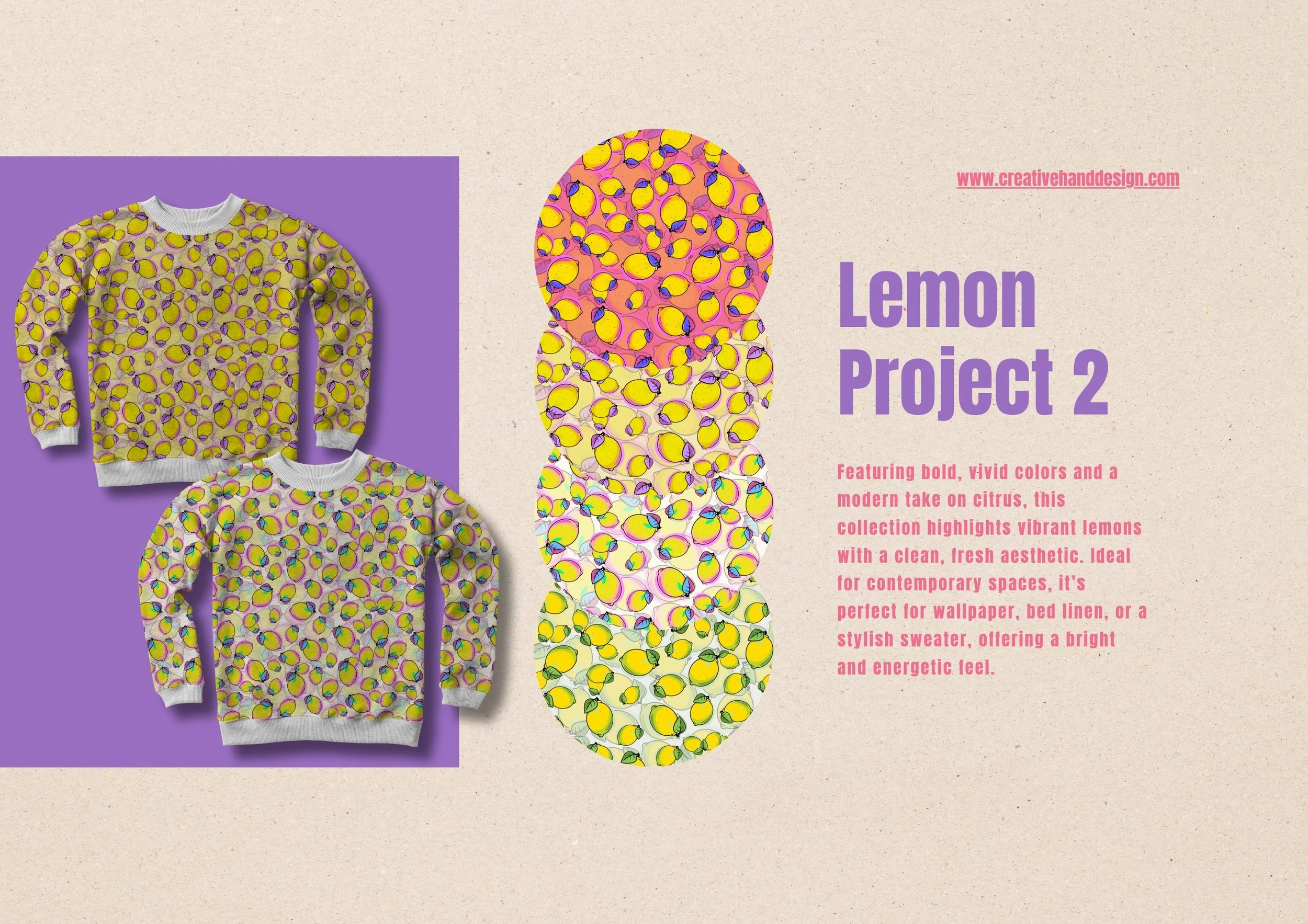 A beige background with two sweatshirts featuring a lemon pattern, one with a purple background and the other with a white background, and a collage of lemon illustrations. Text on the right describes the collection as vibrant lemons with bold colors, inspired by citrus and suitable for modern decor.