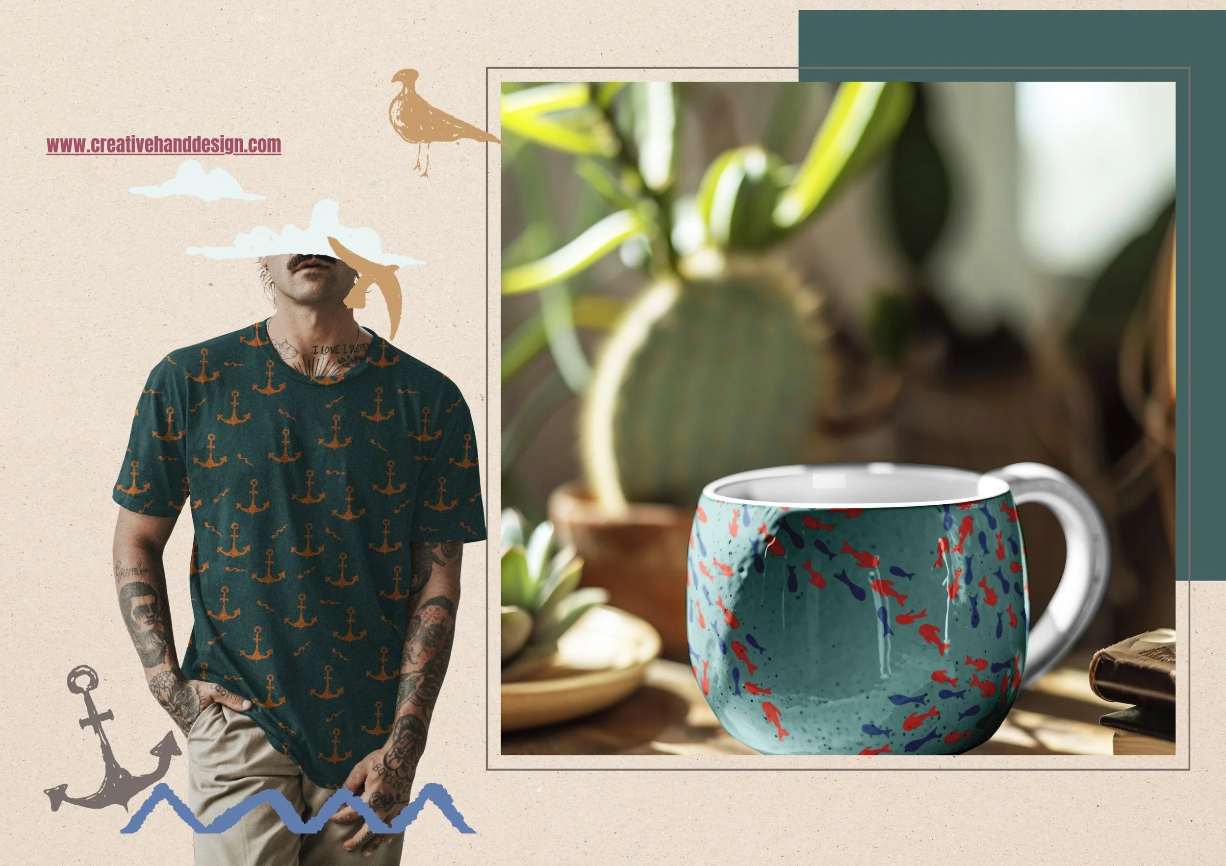 Interior design with floral wallpaper in yellow, orange, and teal. A wooden sideboard with a white top and decorative vase. Fabric samples with coordinated floral and plaid patterns and matching colors.