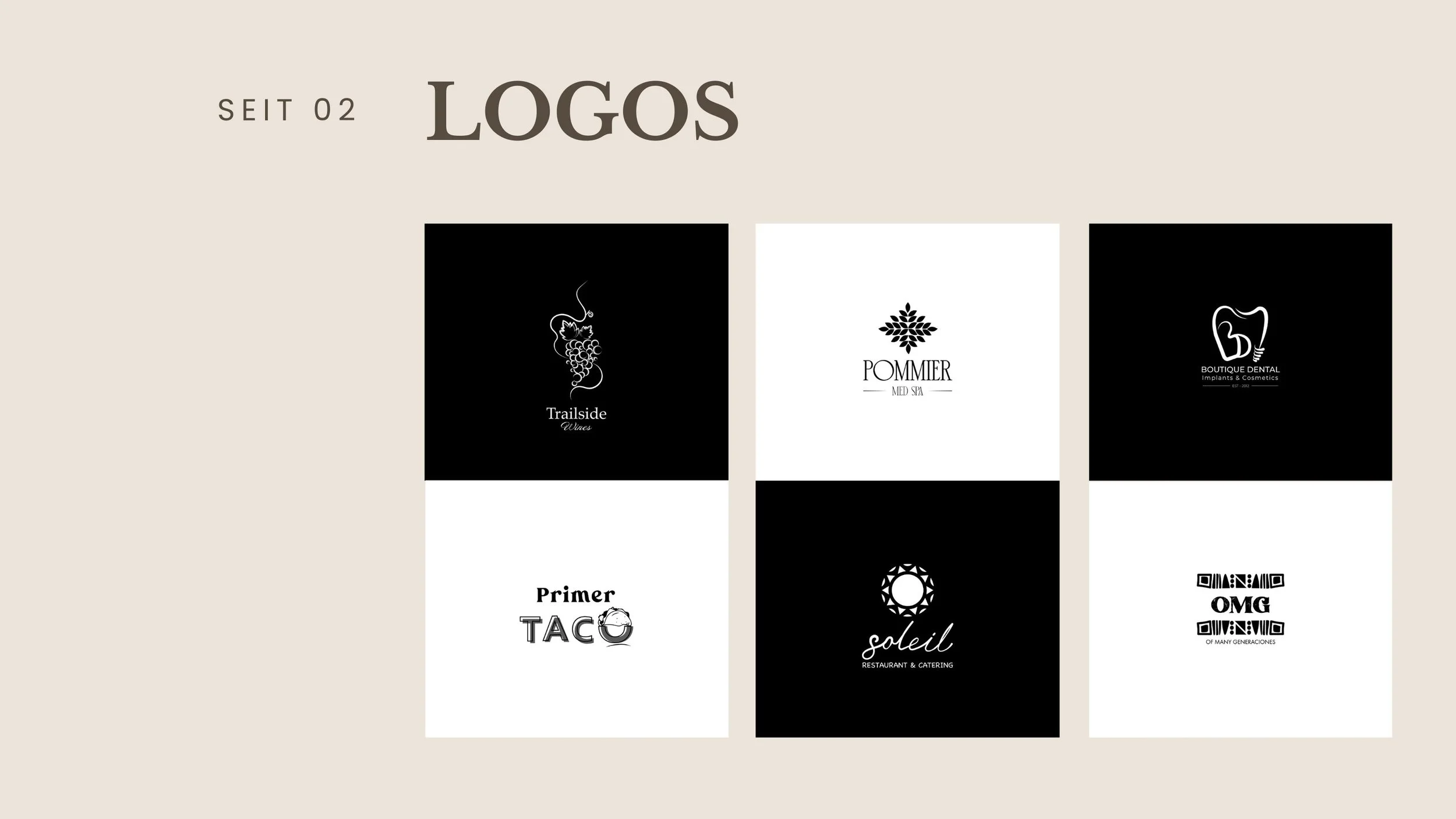 Digital display showcasing various logo designs, including wine, spa, dental, taco, and restaurant logos, arranged in a grid with navigation dots below.