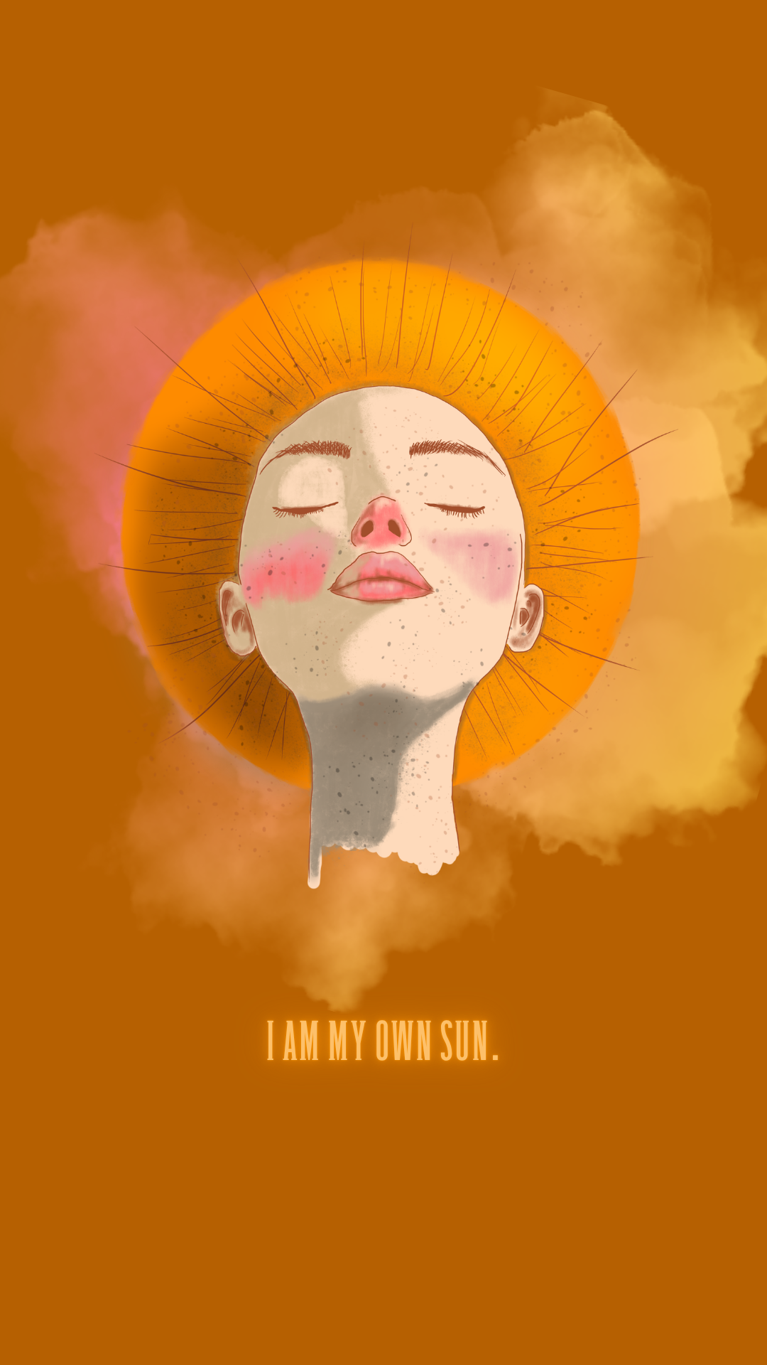Digital illustration of a woman with her eyes closed, surrounded by an orange sunburst and clouds in a warm color palette. The text at the bottom reads 'I AM MY OWN SUN.'