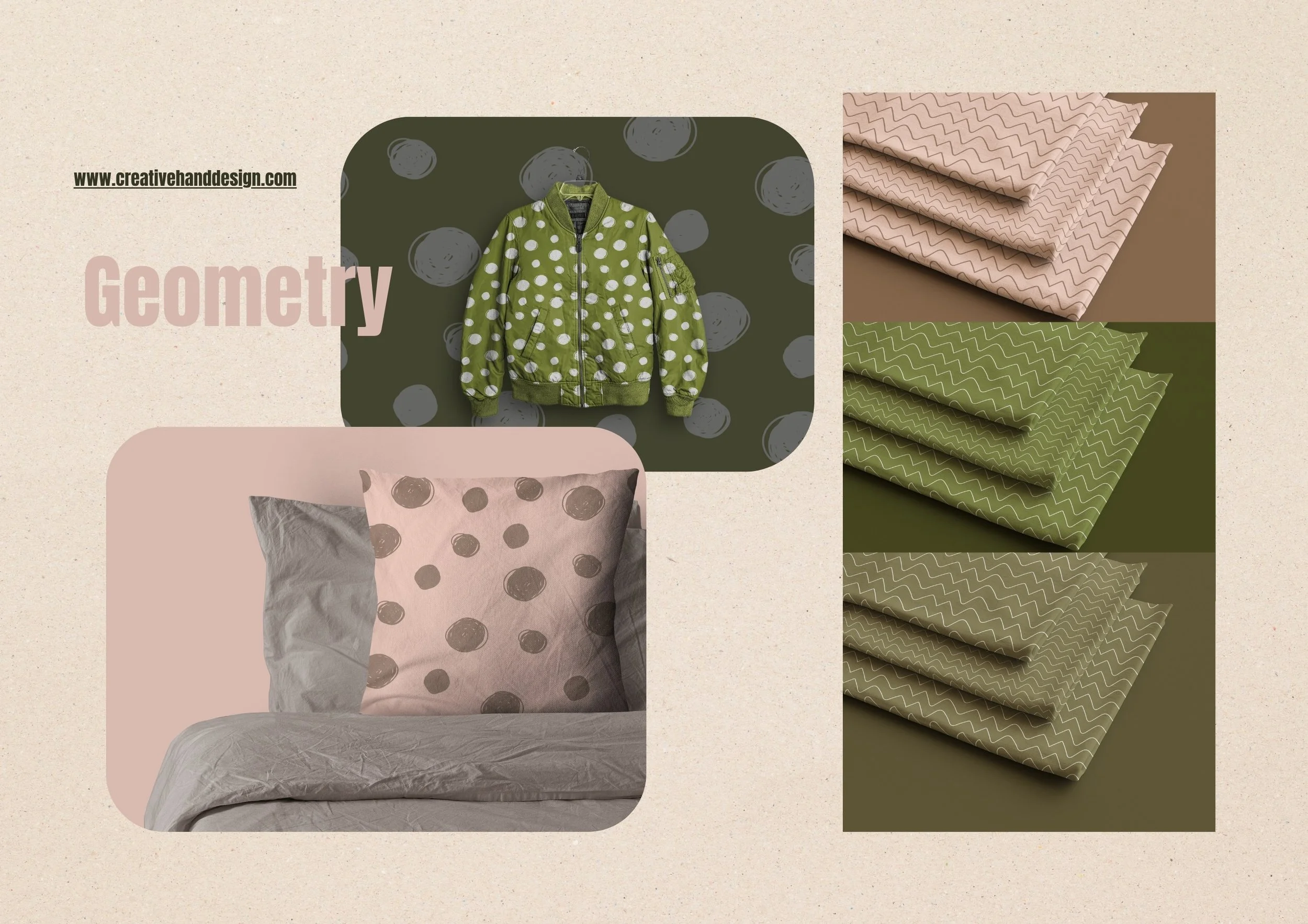 Display of nine different lake-themed fabric patterns arranged in a grid, with a text description about inspired designs and a decorative plant illustration on the right side.