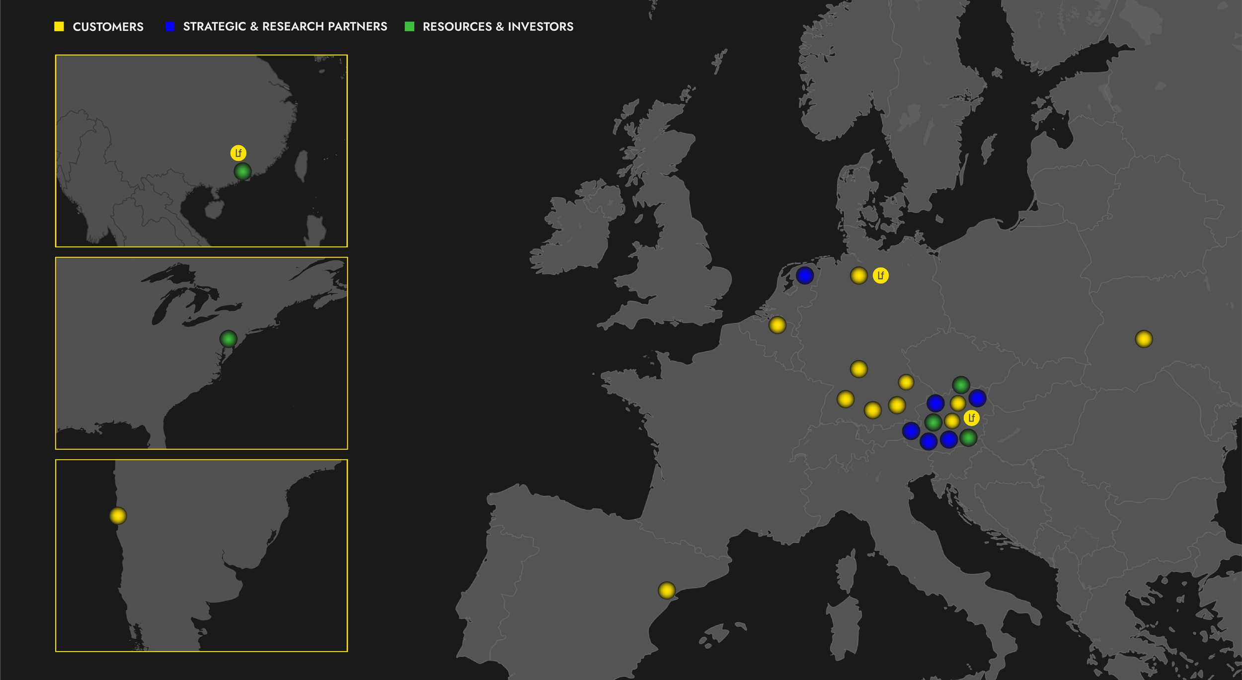 LIVIN farms customers map. A world map showing locations of customers (yellow dots), strategic and research partners (blue dots), and resources and investors (green dots).