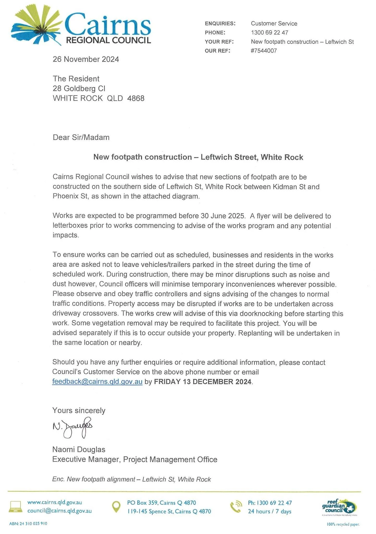 Heads up for new footpath construction along Leftwich Street, White Rock.  The works are not planned until June 2025, but this notice being delivered is to provide an alert to residents as it is quite a good stretch of path.