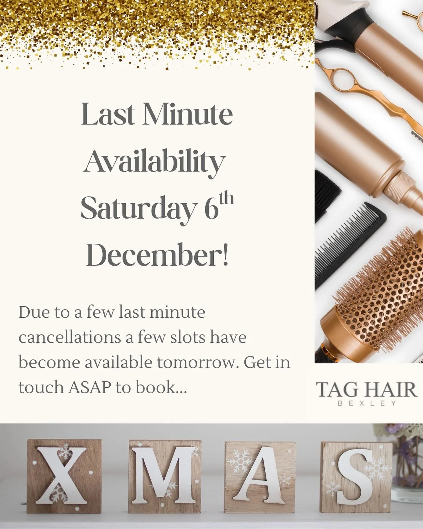 Last minute availability Saturday 6th December

Call 01322 527222 or visit the website tag-hair.co.uk to book 🎄