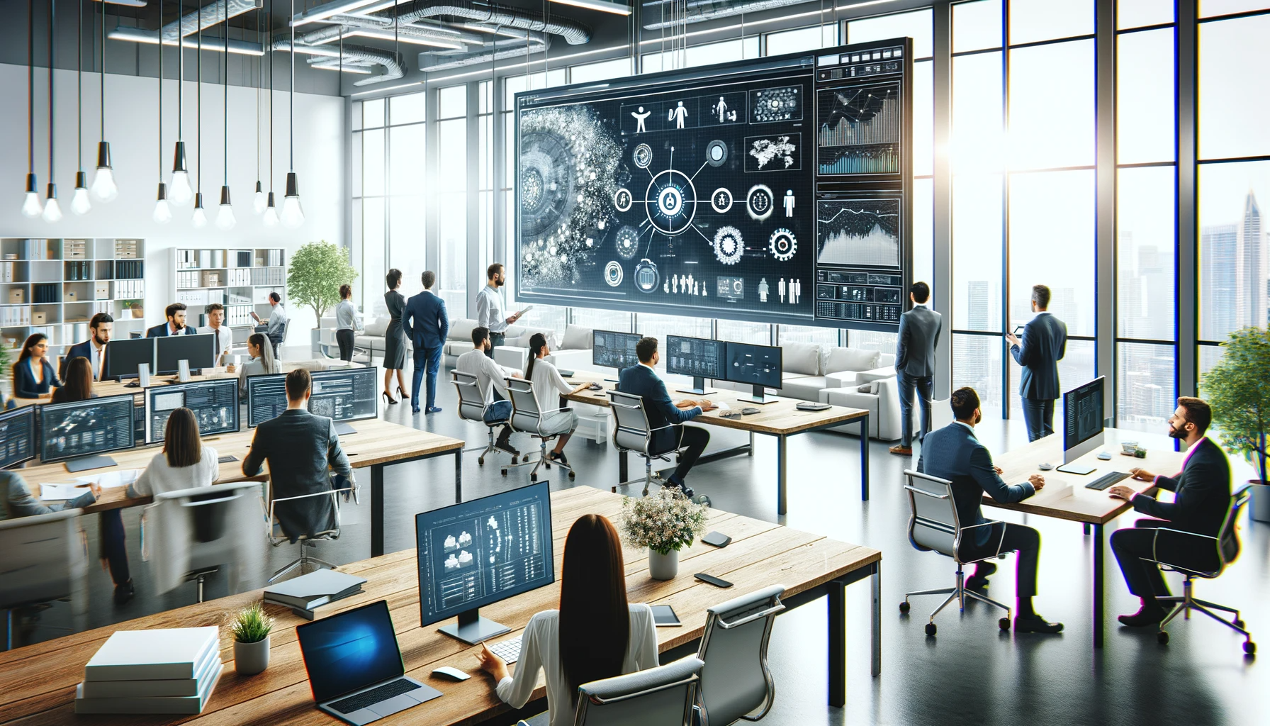 Modern office with diverse team collaborating around a digital screen showing a workflow chart, in a bright, technology-equipped workspace.