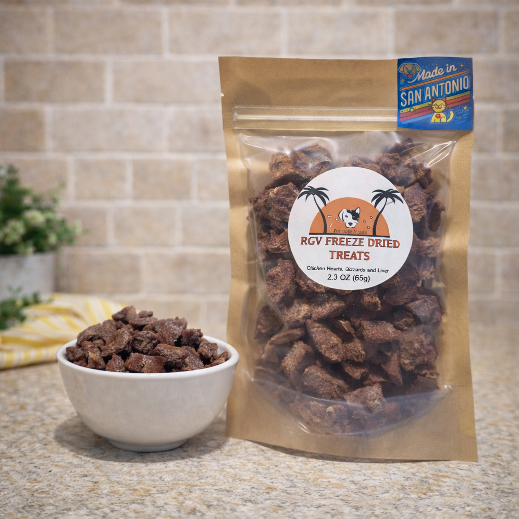 Raw Freeze-Dried Chicken Hearts, Liver and Gizzards.
