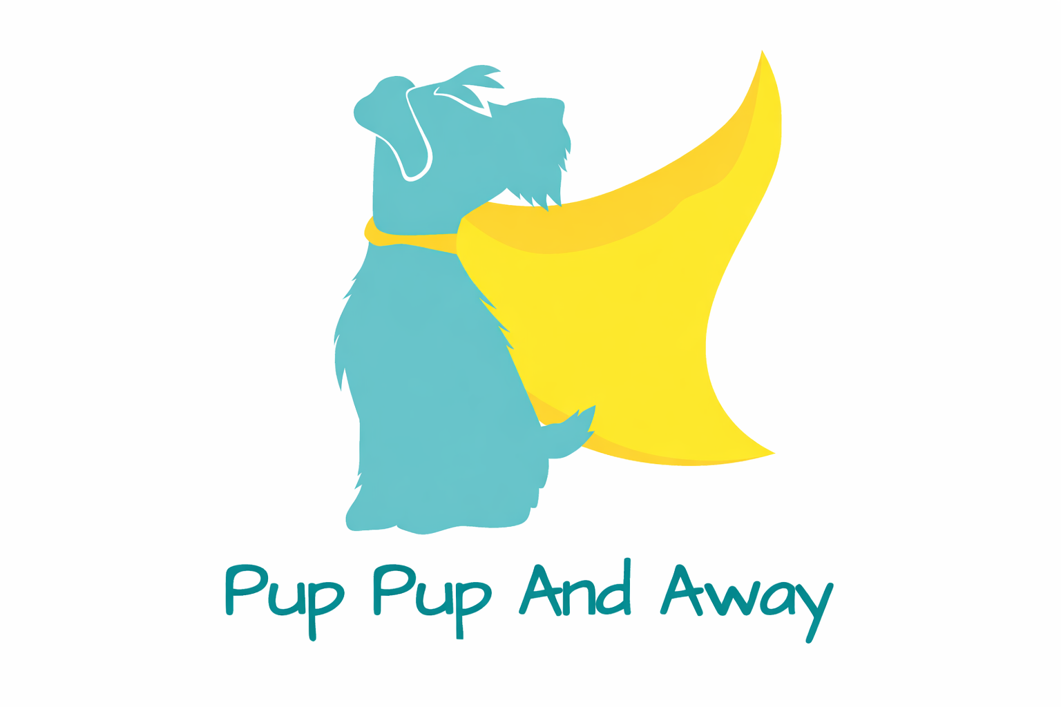 Illustration of a blue dog wearing a yellow collar, holding a large yellow banana, with the text 'Pup Pup And Away' underneath.