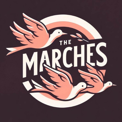 Illustration of three pink and white flying birds with the text 'The Marches' in the center.