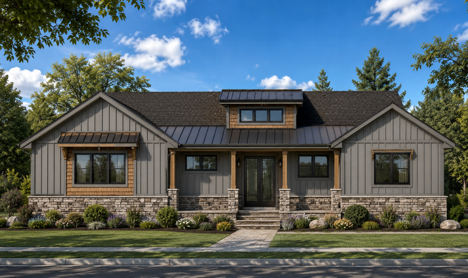 Front view of a modern house with gray vertical siding, a stone foundation, black-framed windows, wooden accents, and a front pathway leading to a door, surrounded by greenery and a blue sky.