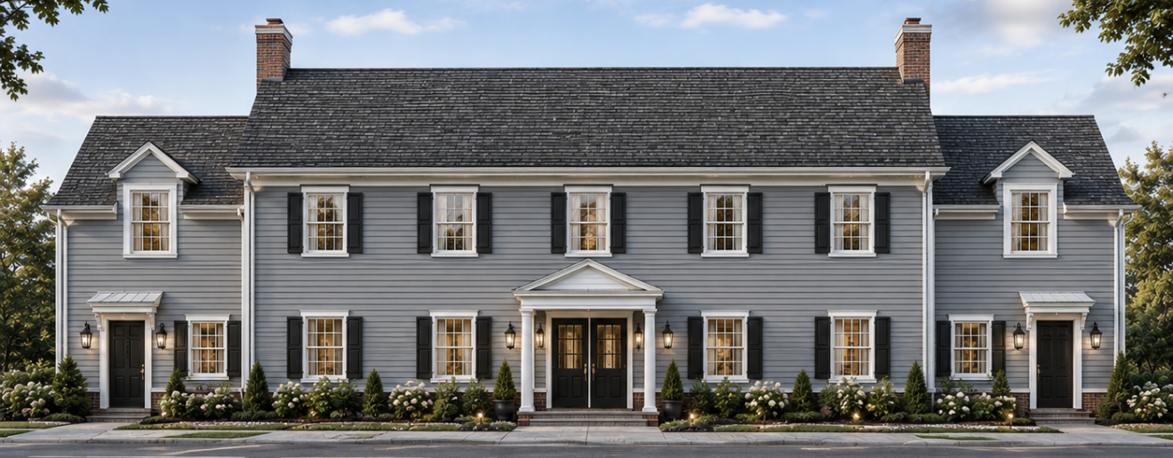 A large, symmetrical, two-story house with light gray siding, black shutters, a central porch, and multiple windows, surrounded by landscaped bushes and flowers.