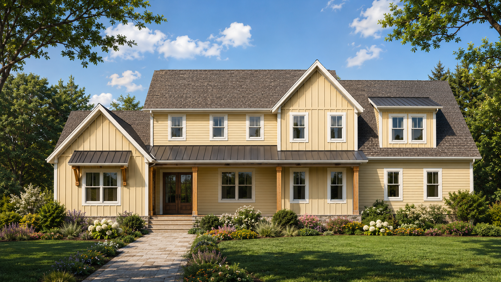 A yellow two-story house with a gabled roof, surrounded by a landscaped garden with various flowers and shrubs, under a blue sky with clouds.
