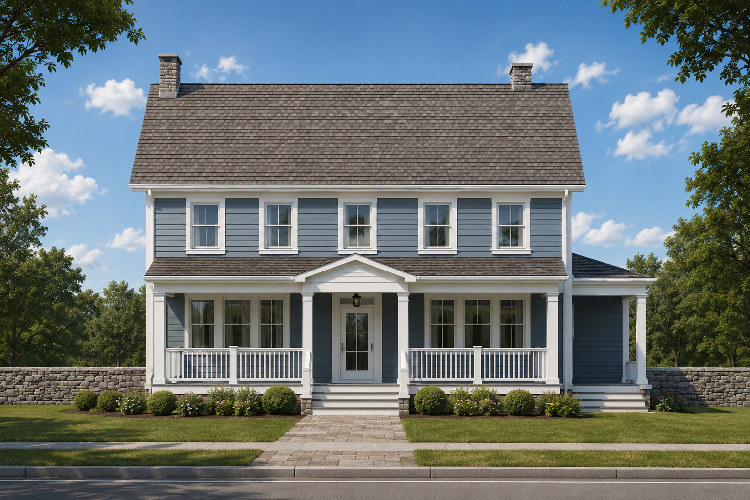 Front view of a two-story blue house with white trim and porch, surrounded by lush greenery and a stone wall, under a partly cloudy sky.