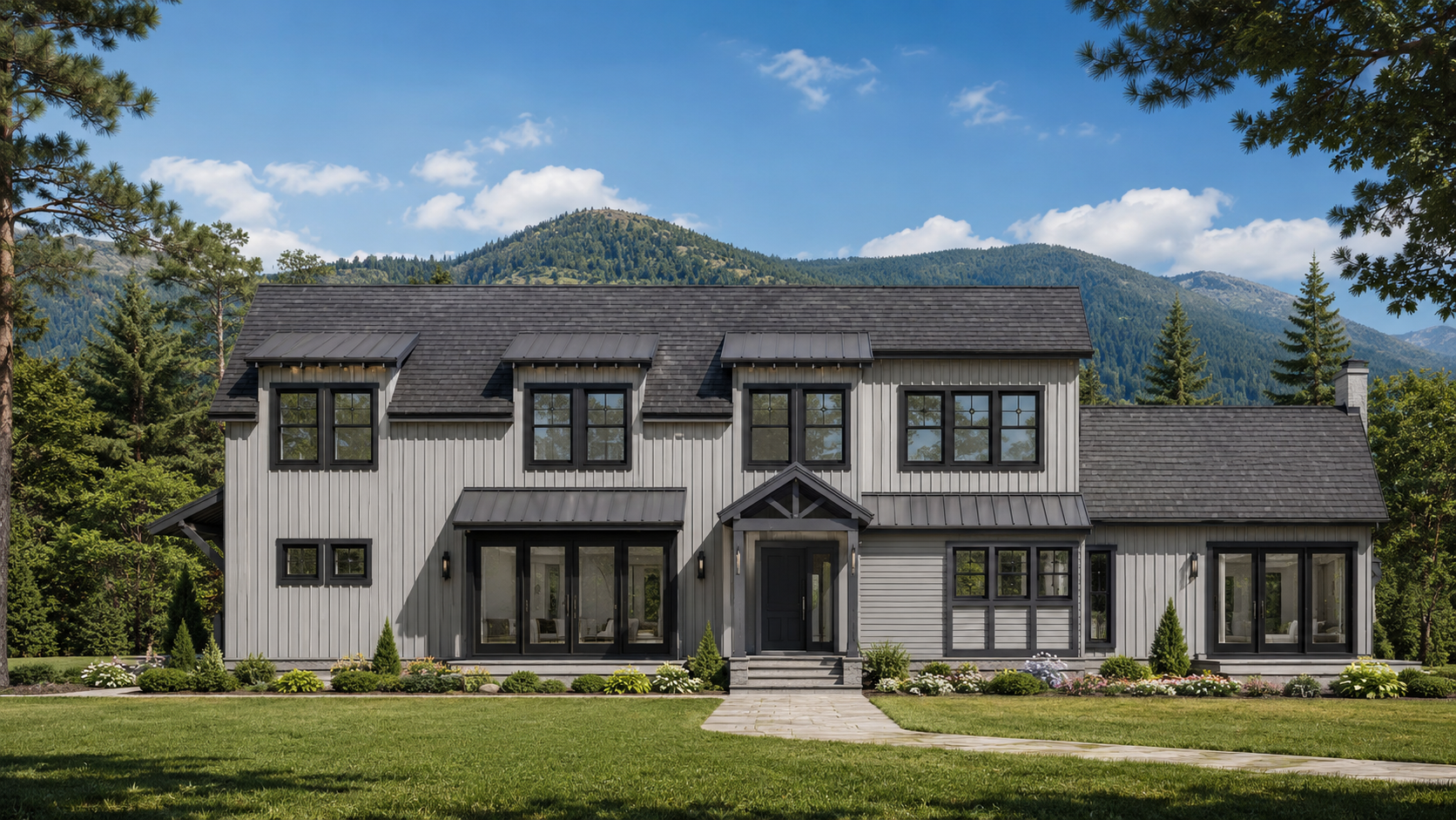 A modern two-story house with vertical wooden siding and black window frames, situated in a lush green lawn with mountains and trees in the background under a blue sky with some clouds.