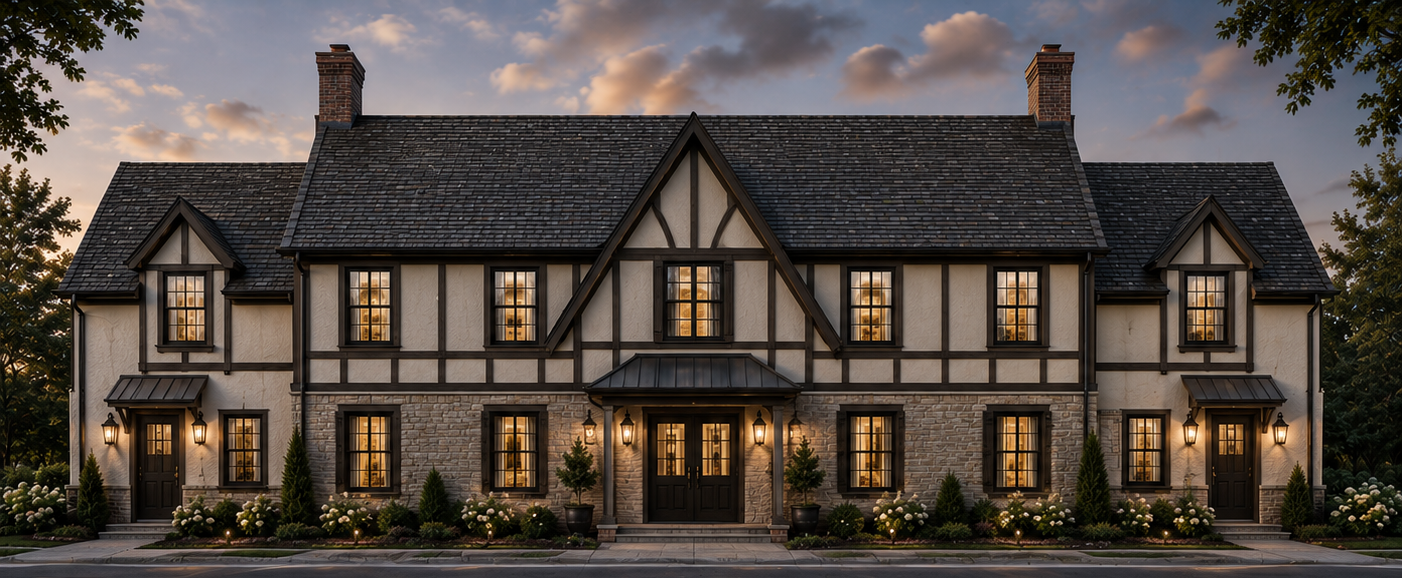 A large, two-story apartment house with a stone and stucco facade, multiple gabled roofs, black-framed windows, and front doors illuminated at dusk, surrounded by landscaped bushes and trees.