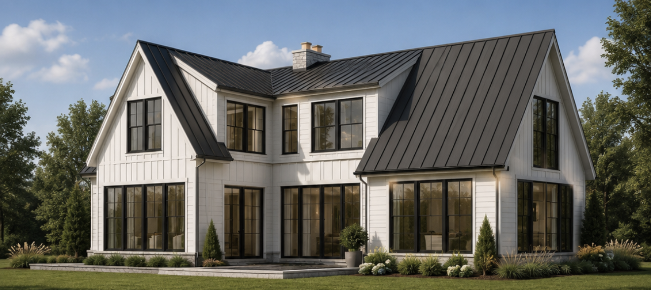 Modern white house with black-framed windows, black metal roof, surrounded by greenery and a blue sky.